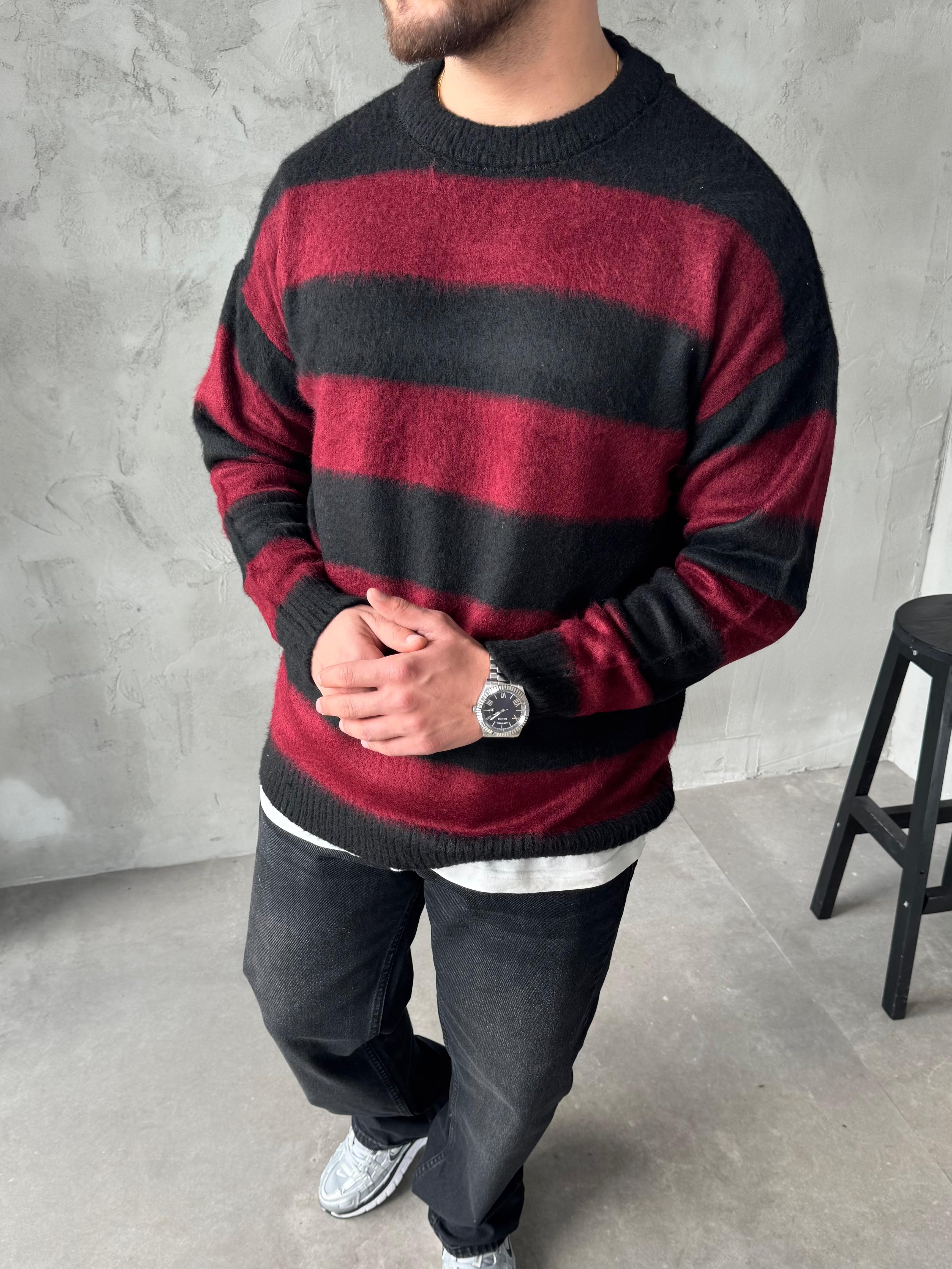 Bordo Şerit Detaylı Peluş Kazak