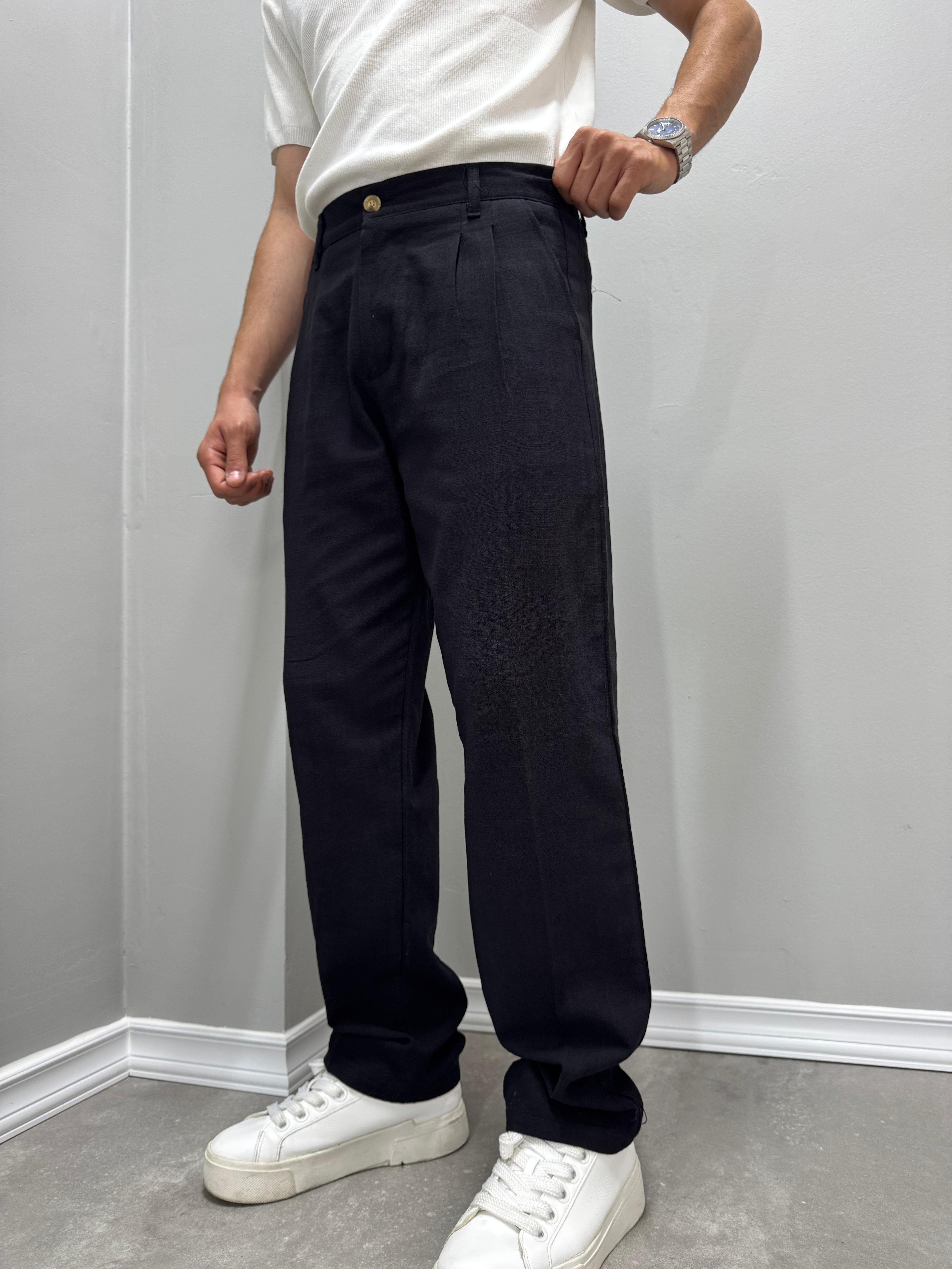 PİLELİ BAGGY KETEN PANTOLON - SİYAH