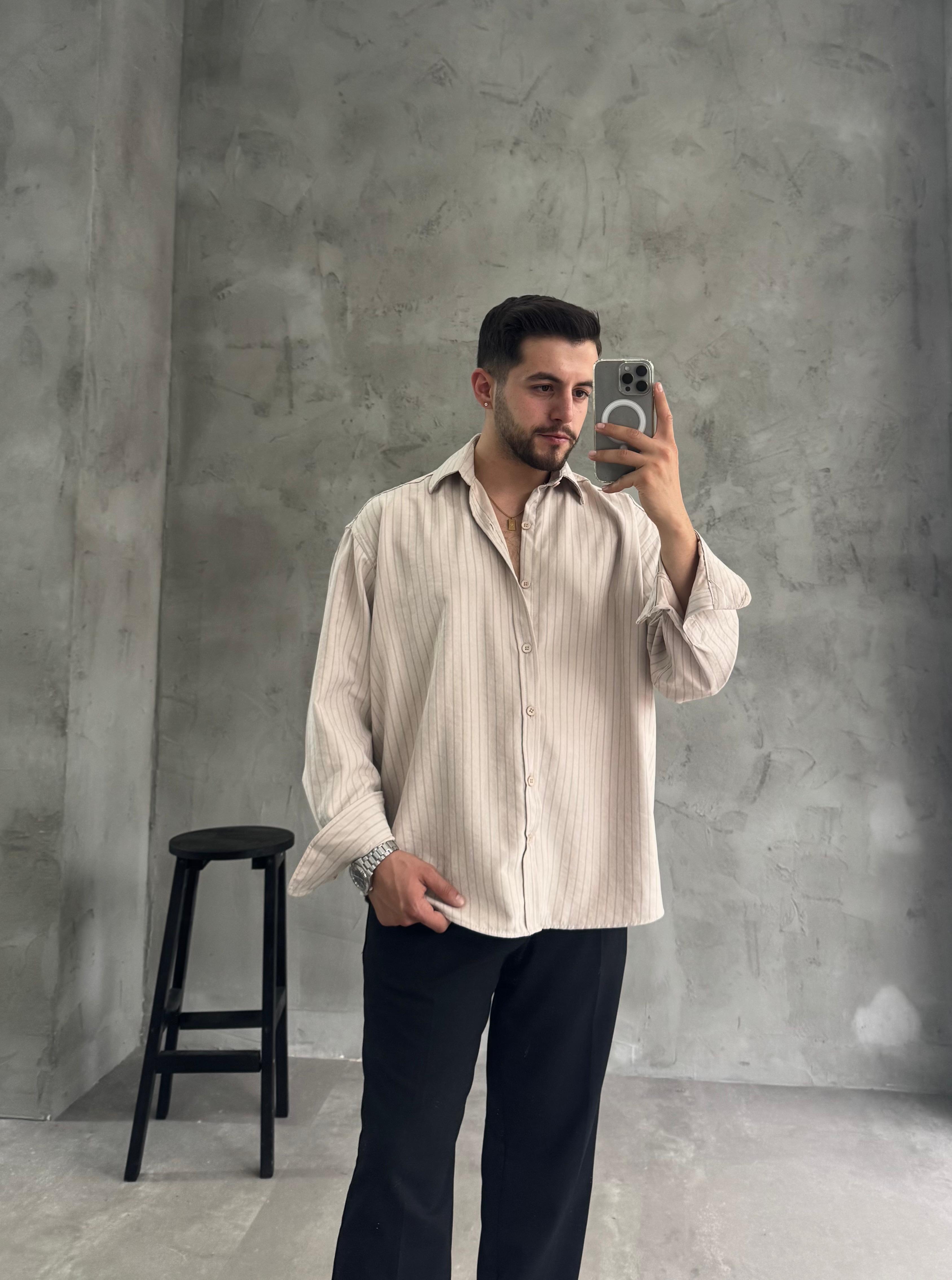 GG Krem Kışlık Modal Kumaş Çizgili Gömlek