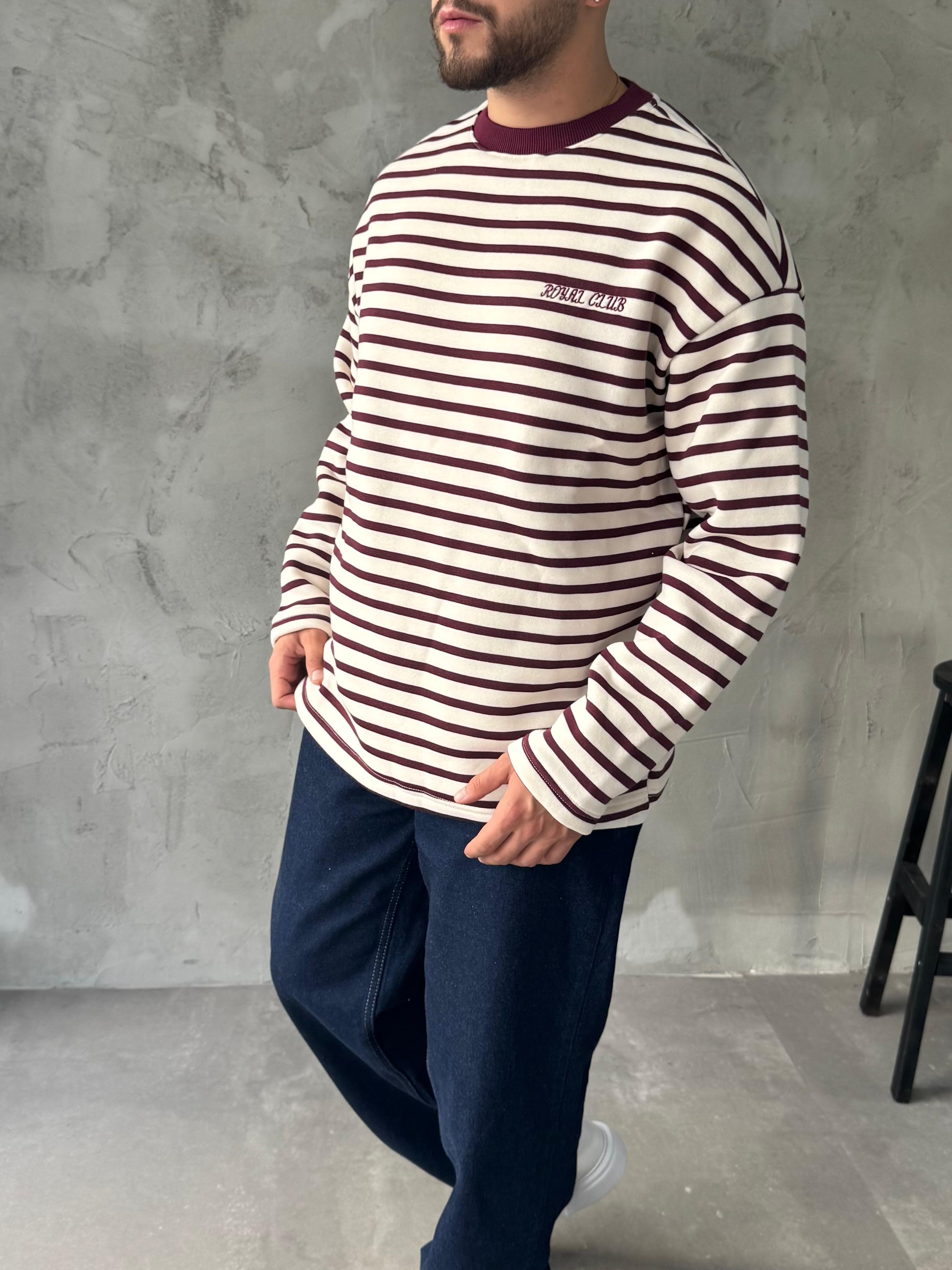 Bordo Royal Club Çizgili Sweatshirt