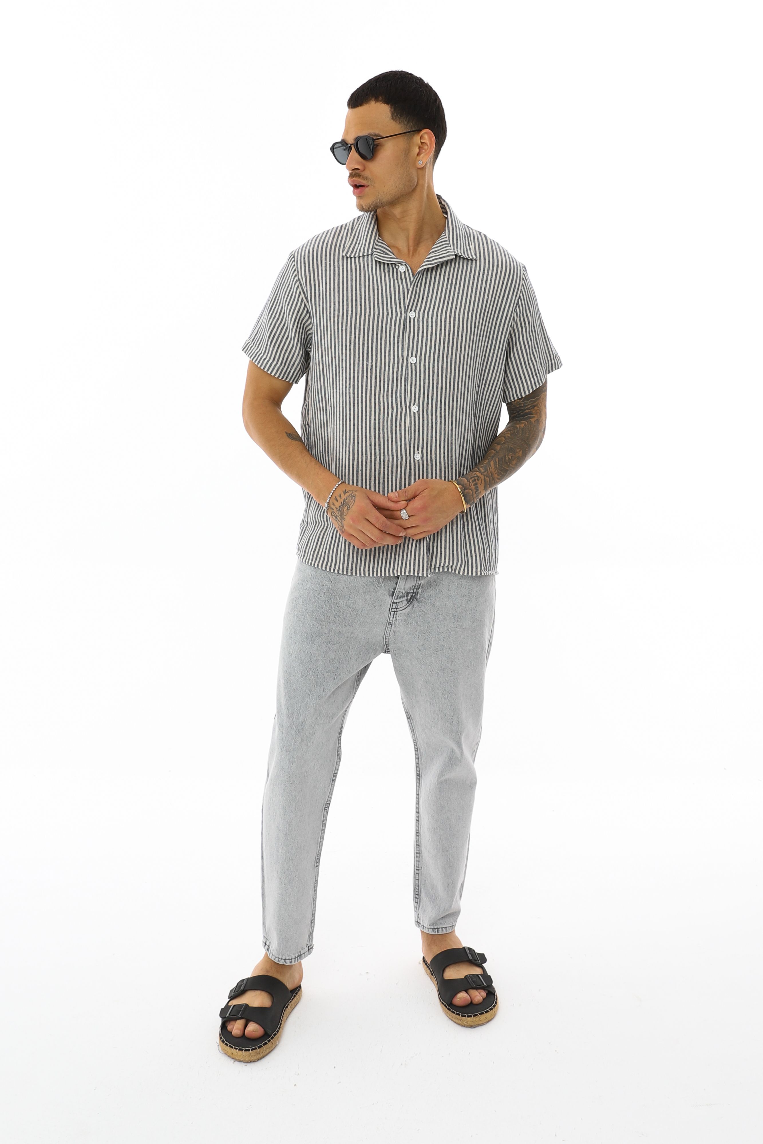 OVERSIZE KALIN ÇİZGİLİ KISA KOLLU GÖMLEK - GRİ - BEYAZ