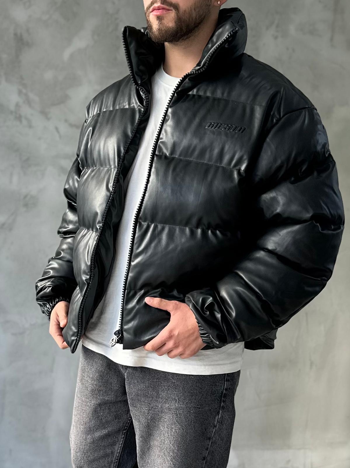 Siyah Premium Deri Oversize Şişme Mont 