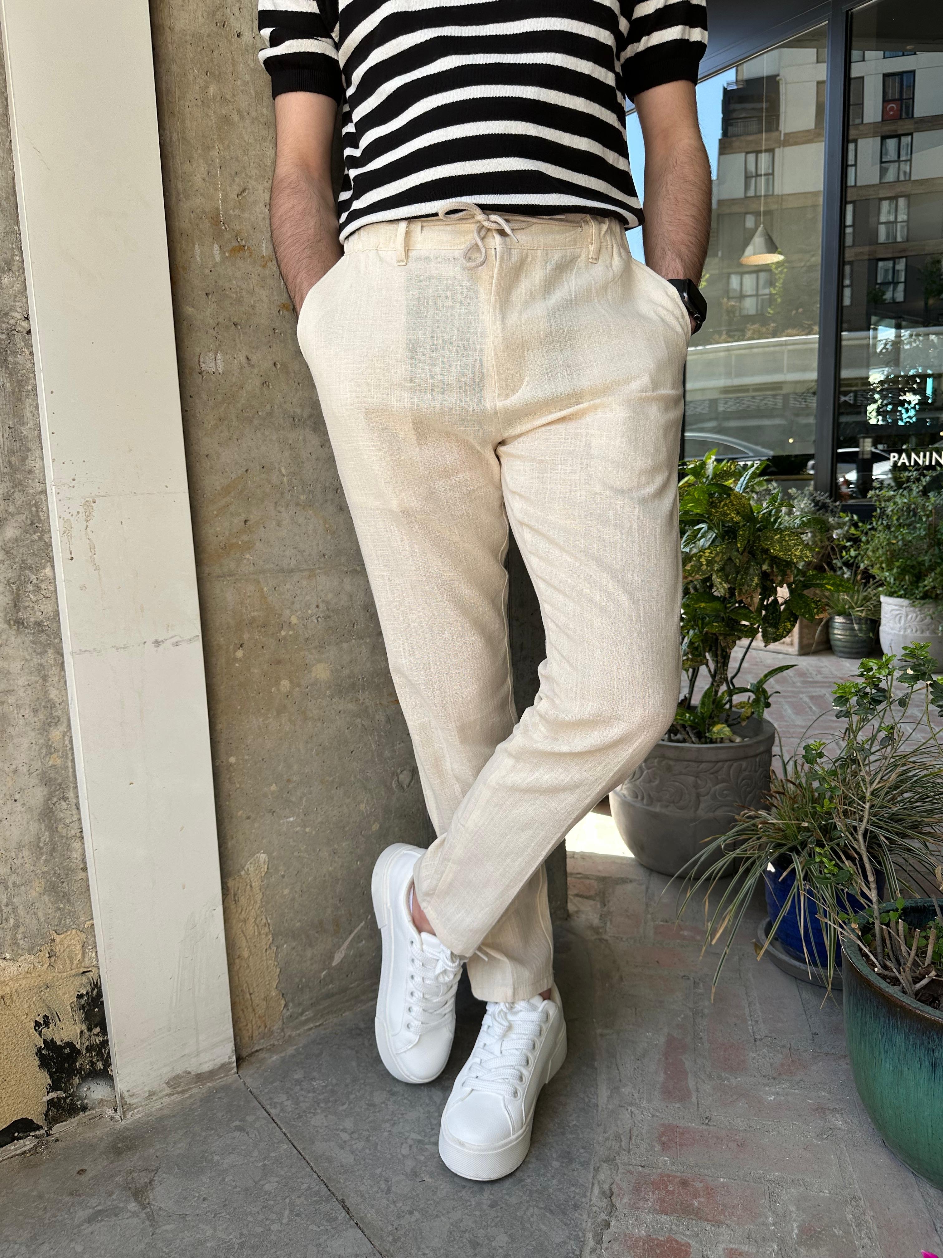 BELİ İPLİ REGULAR KALIP KETEN PANTOLON - KREM
