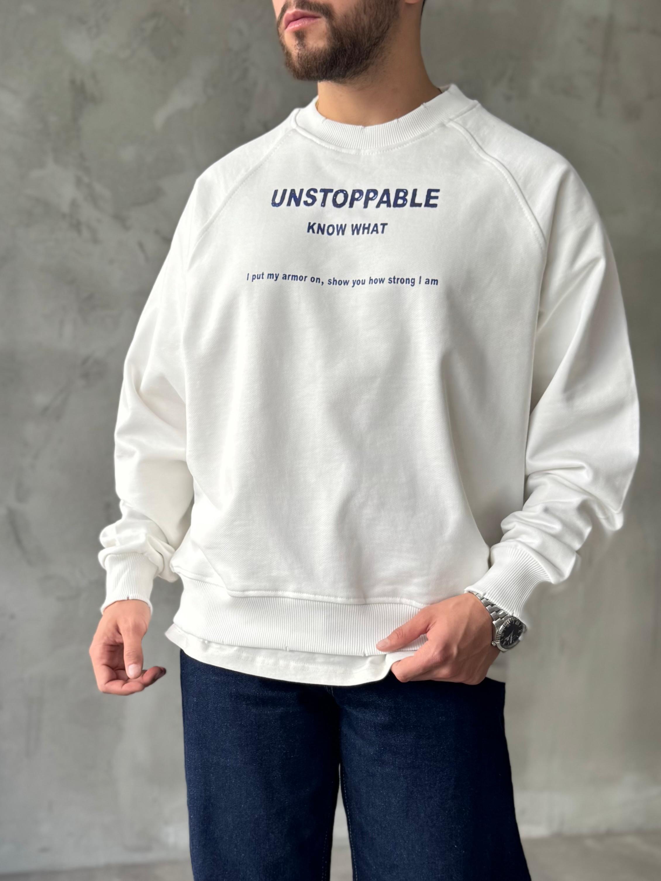 Beyaz Unstoppable Baskılı Oversize Sweatshirt