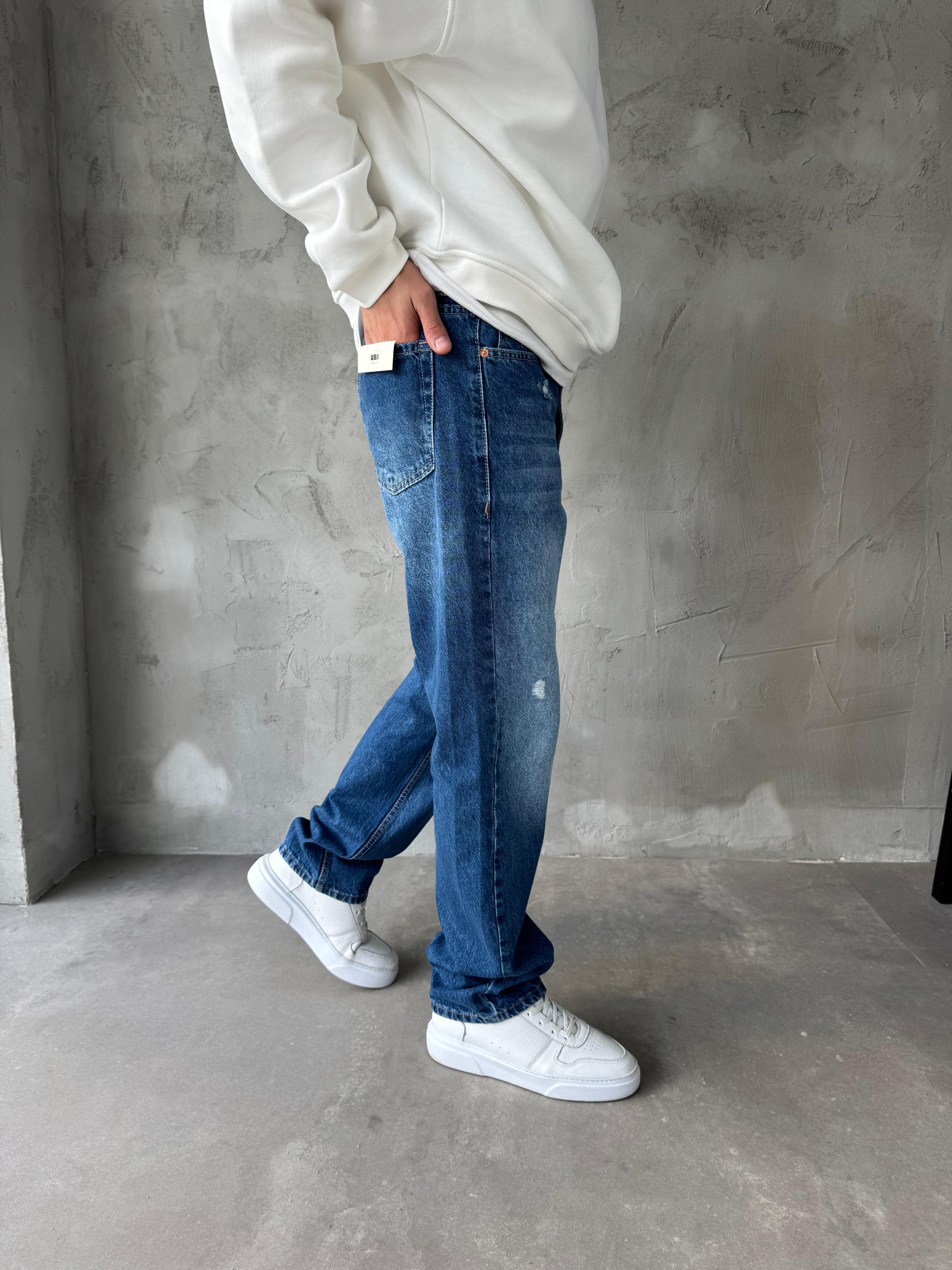 MAVİ TAŞLANMIŞ YIRTIKLI BAGGY KALIP PANTOLON - MAVİ