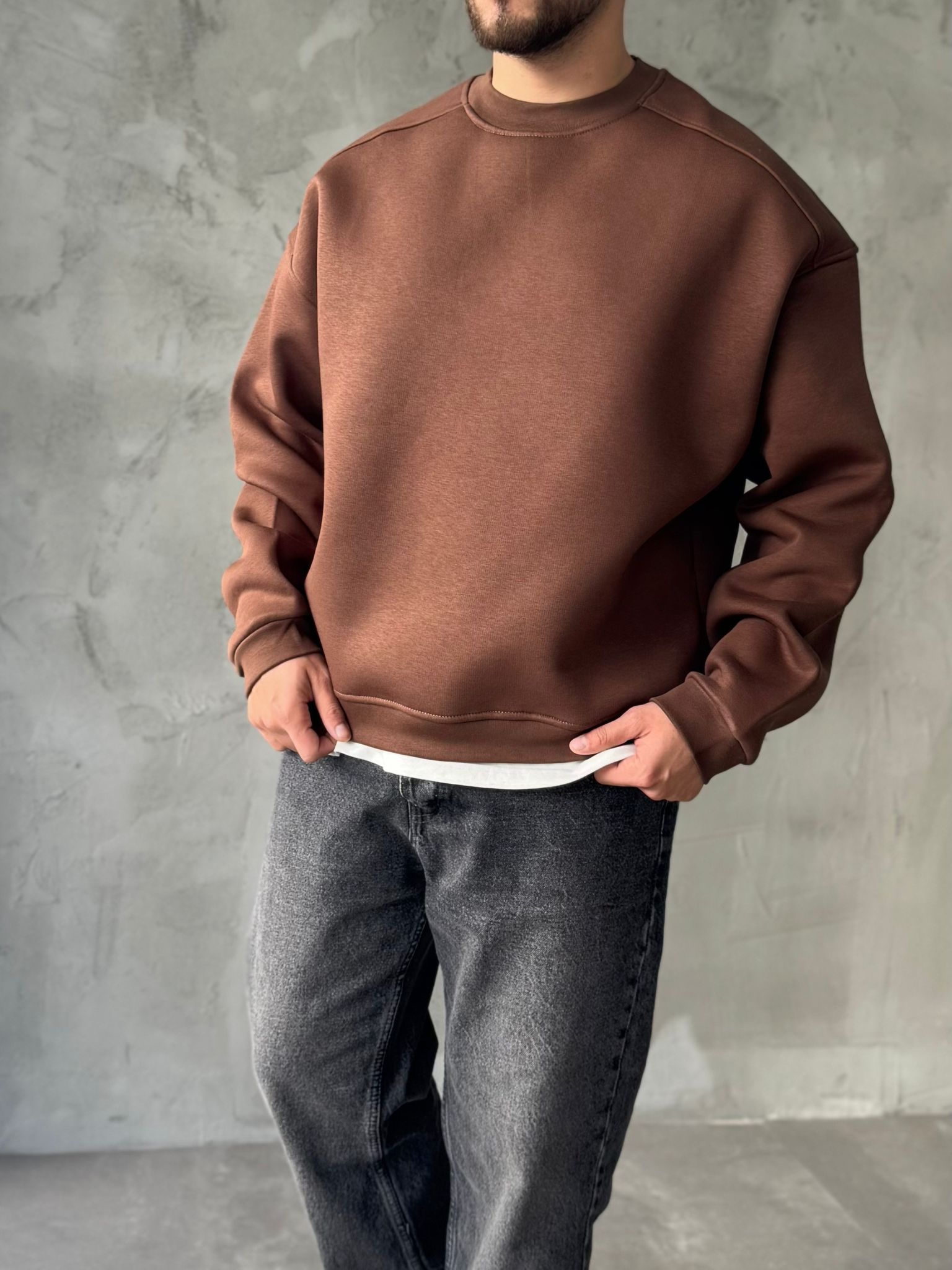 Kahve Basıc Oversize Premium Sweatshirt
