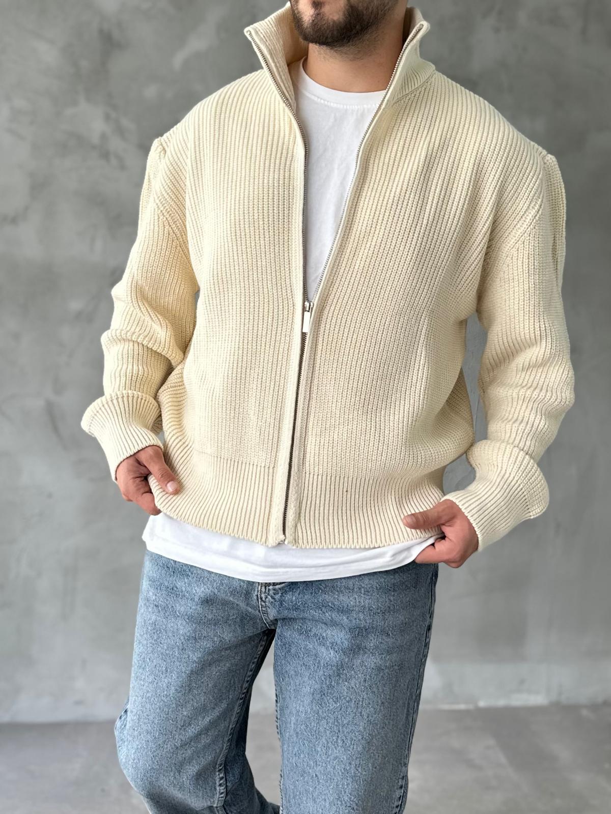 Ekru Tam Fermuarlı Oversize Örme Hırka