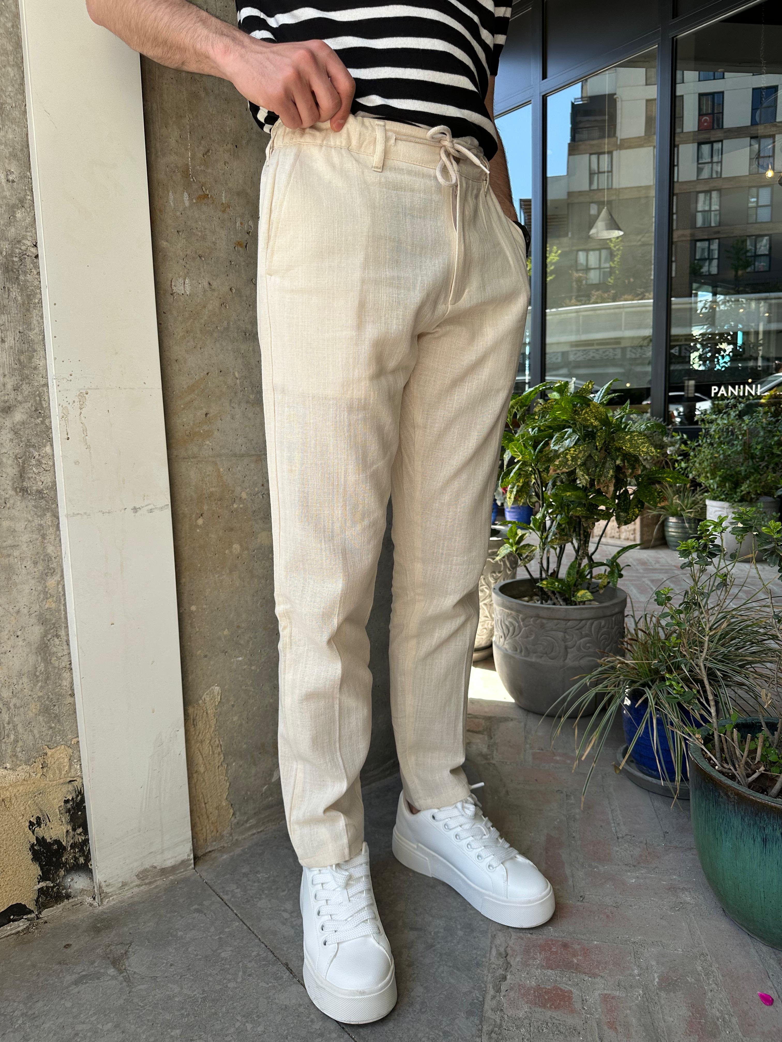 BELİ İPLİ REGULAR KALIP KETEN PANTOLON - KREM