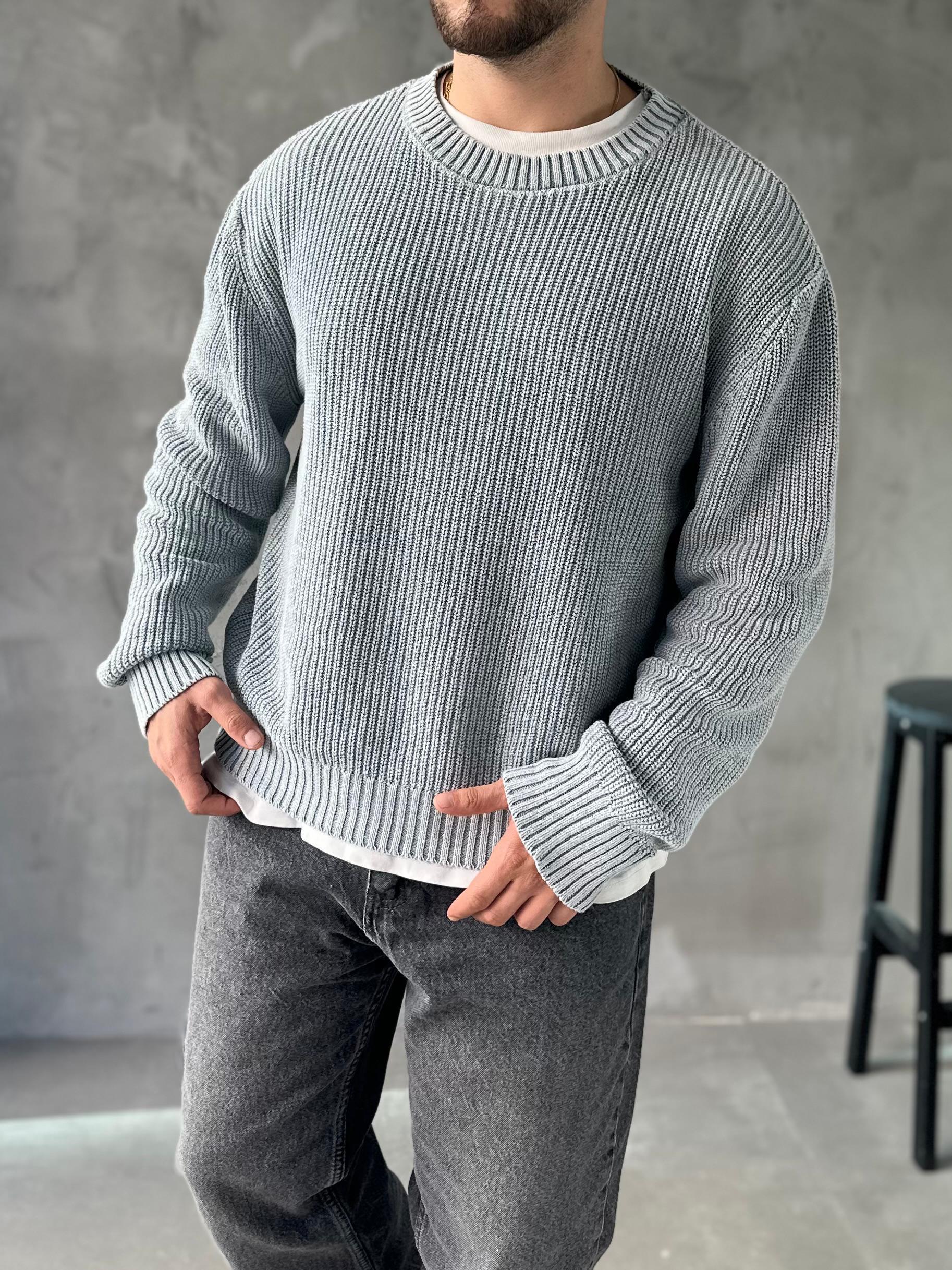 Gri Yıkamalı Oversize Örme Kazak