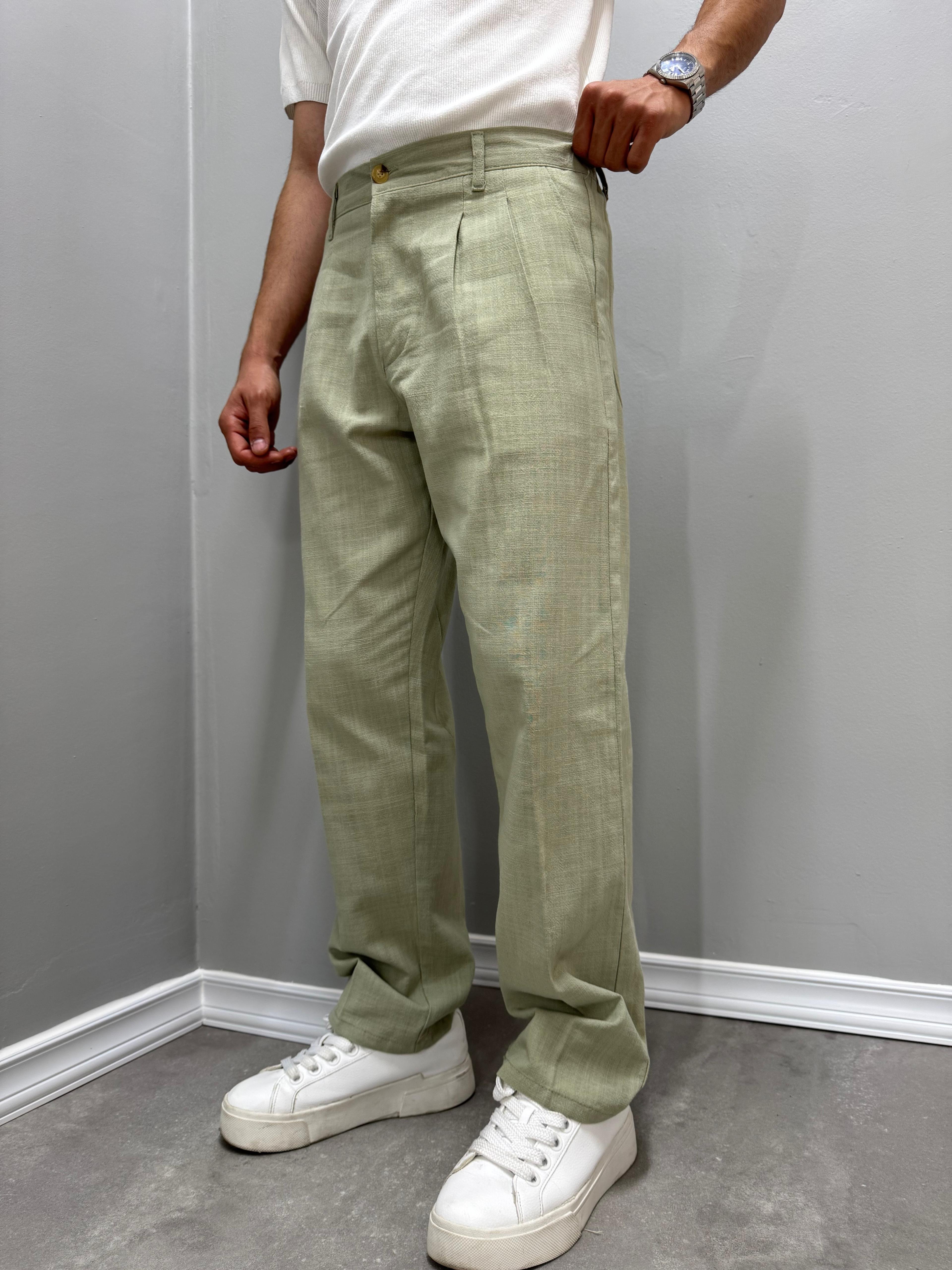 PİLELİ BAGGY KETEN PANTOLON - YEŞİL