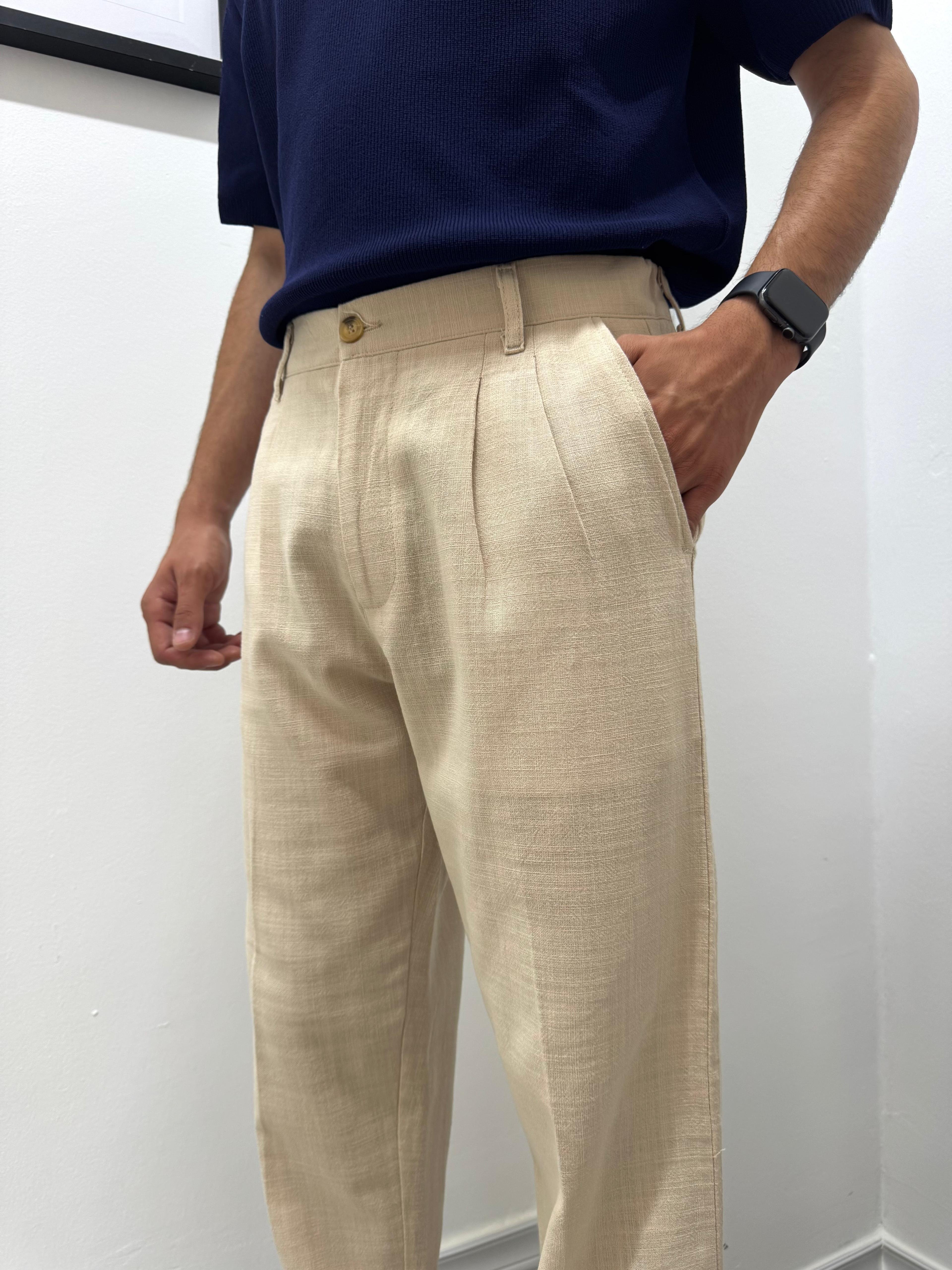 PİLELİ BAGGY KETEN PANTOLON - BEJ