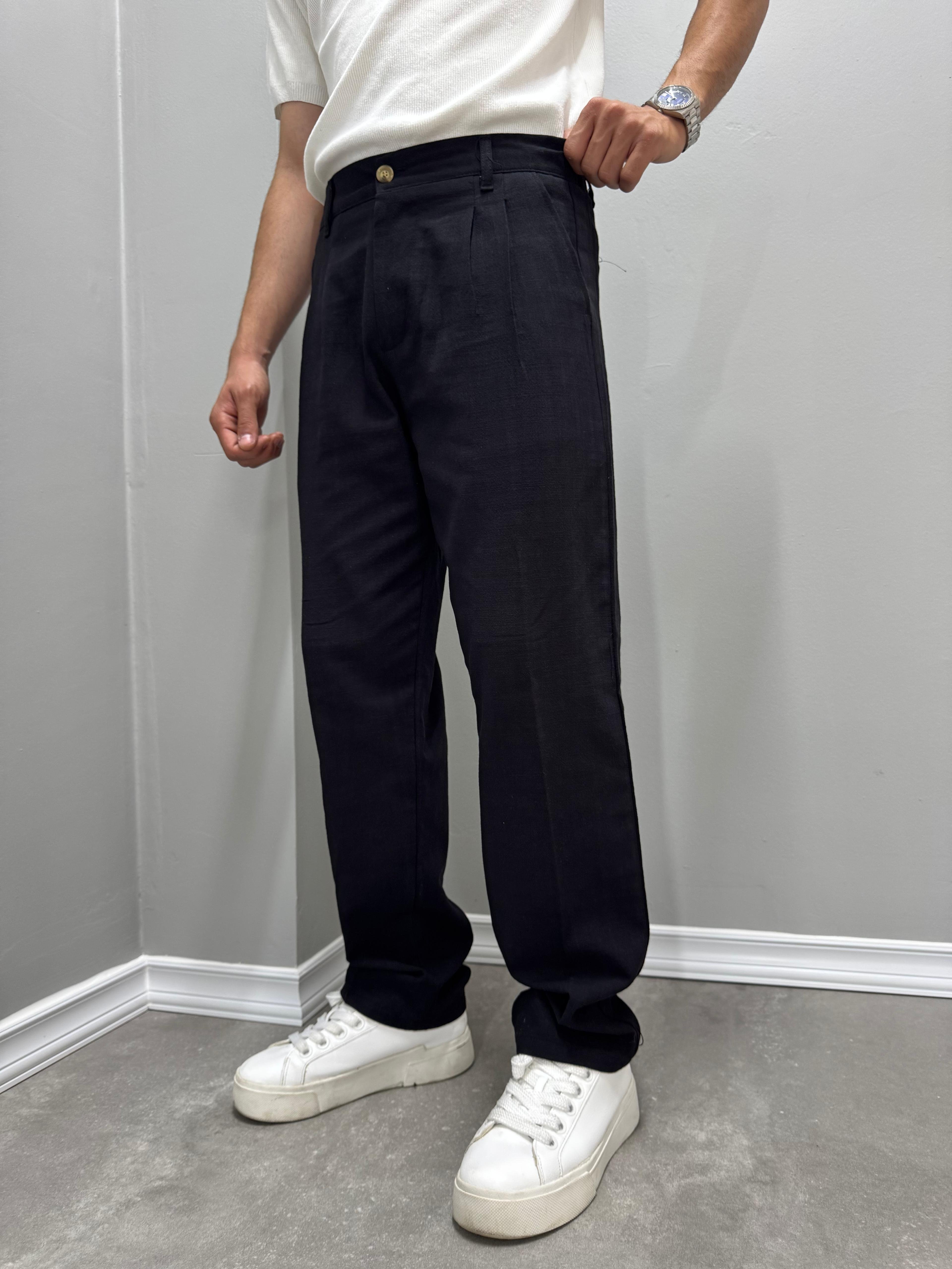 PİLELİ BAGGY KETEN PANTOLON - SİYAH