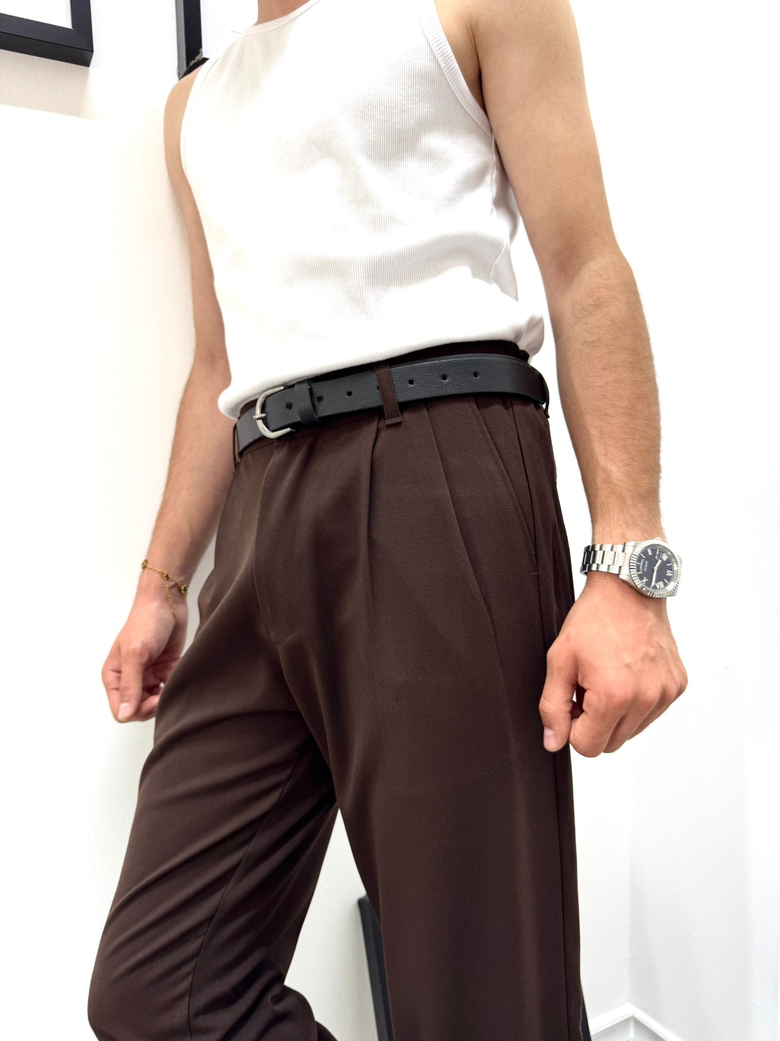 PİLELİ BAGGY KUMAŞ PANTOLON - KAHVERENGİ