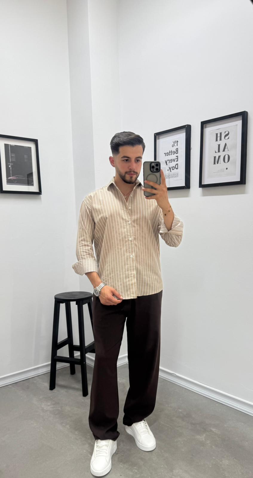 OVERSIZE ÇİZGİLİ GÖMLEK - BEJ