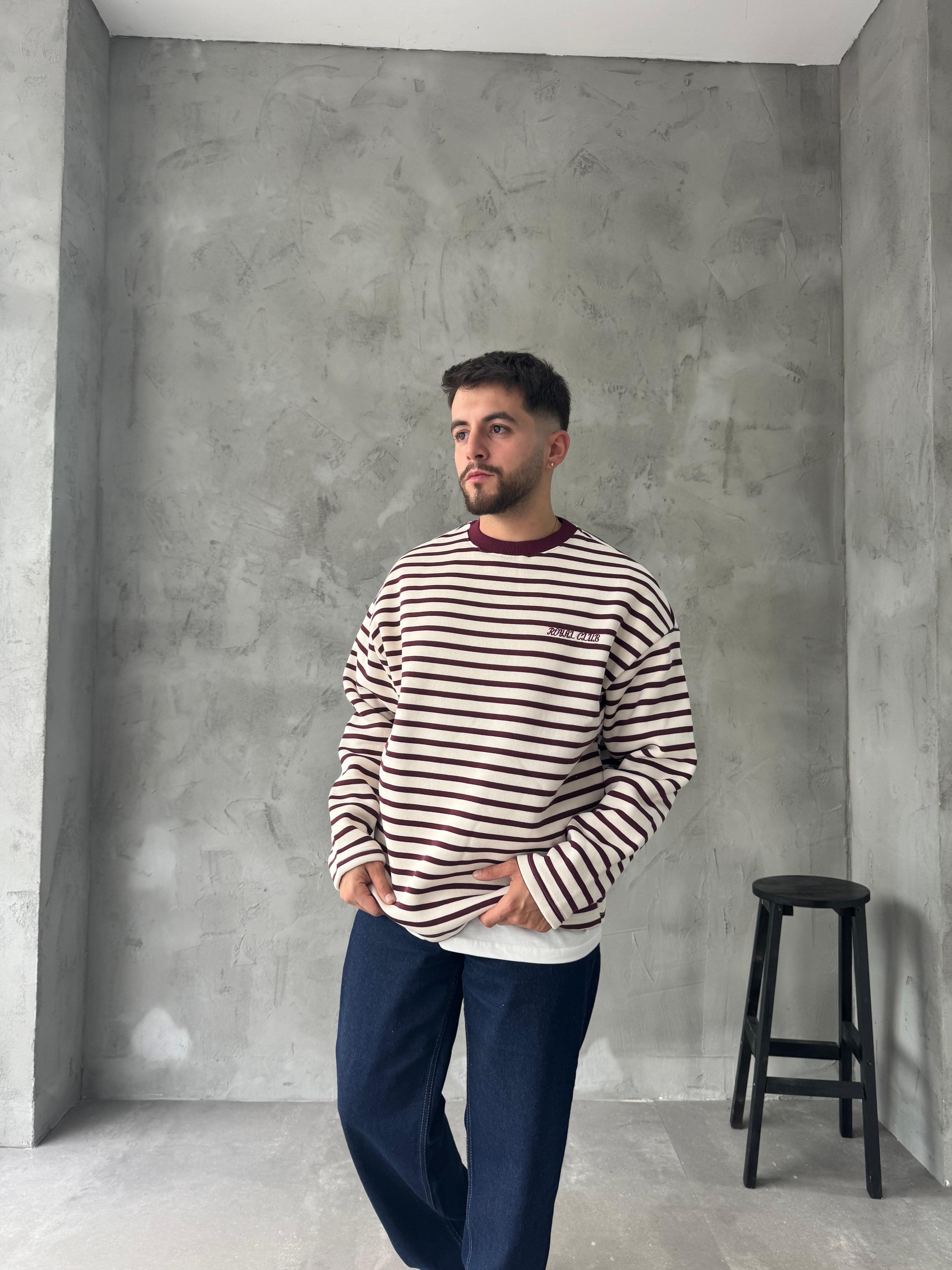 Bordo Royal Club Çizgili Sweatshirt