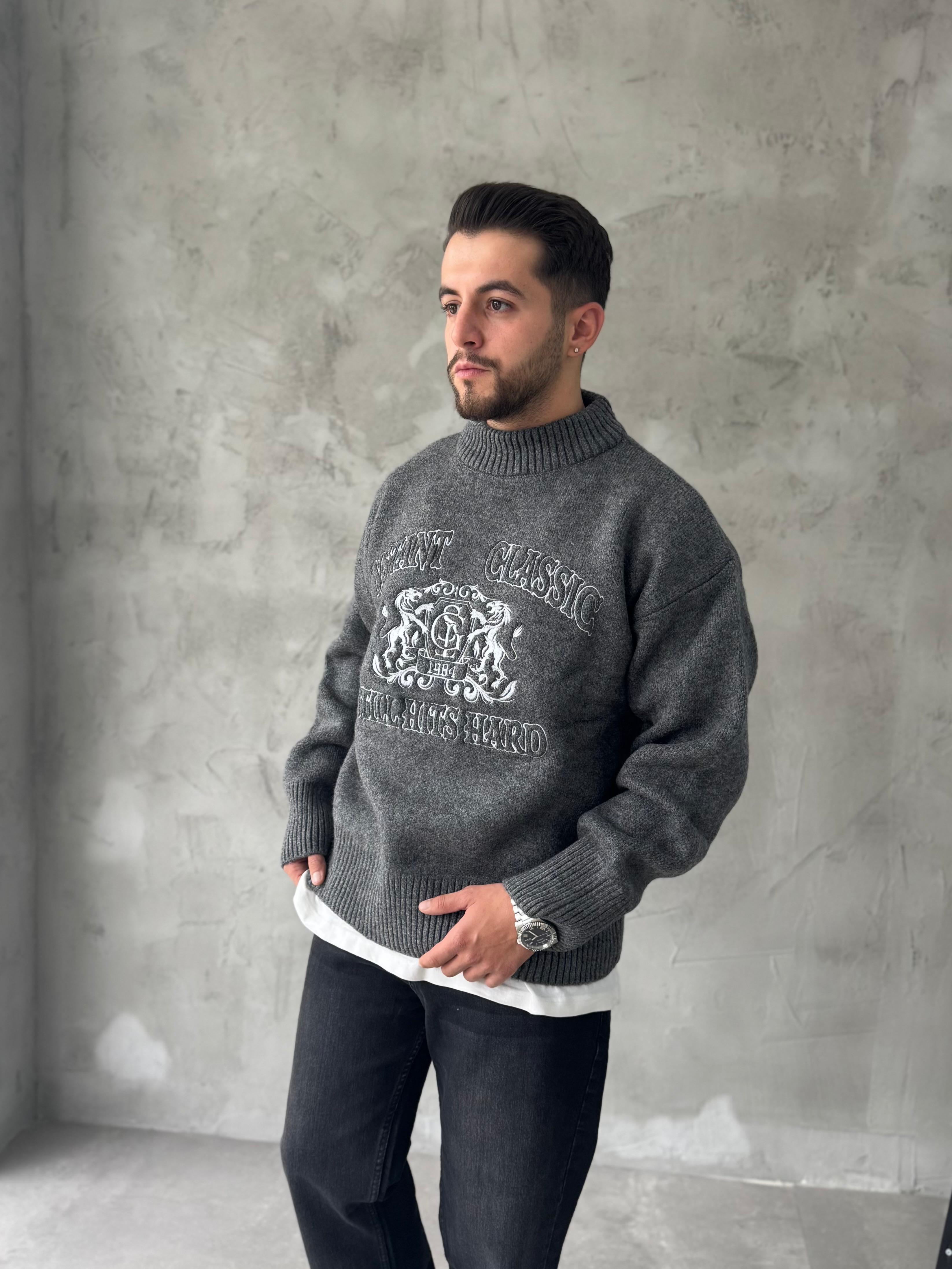 Antrasit Instant Nakışlı Oversize Kazak