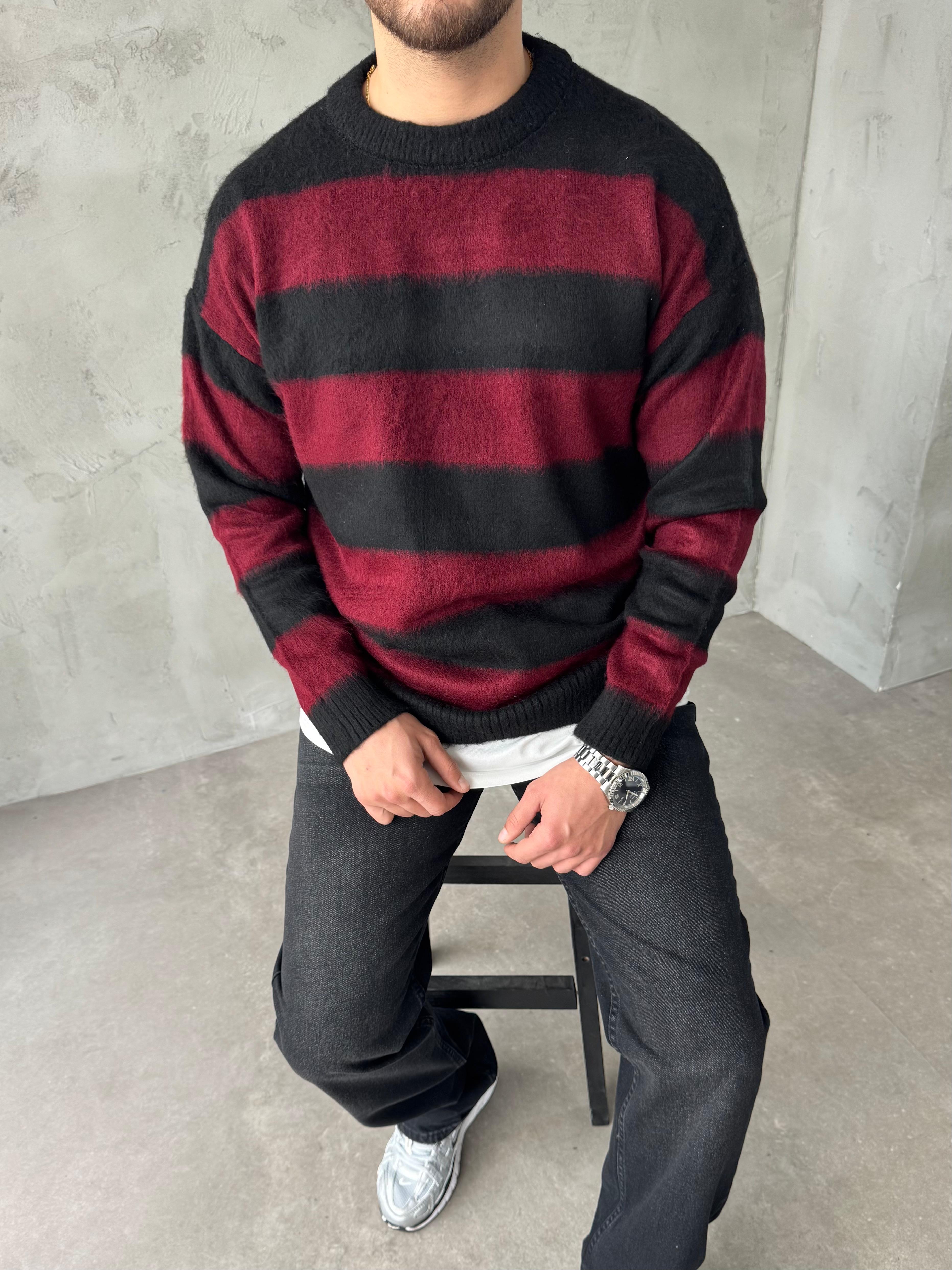 Bordo Şerit Detaylı Peluş Kazak