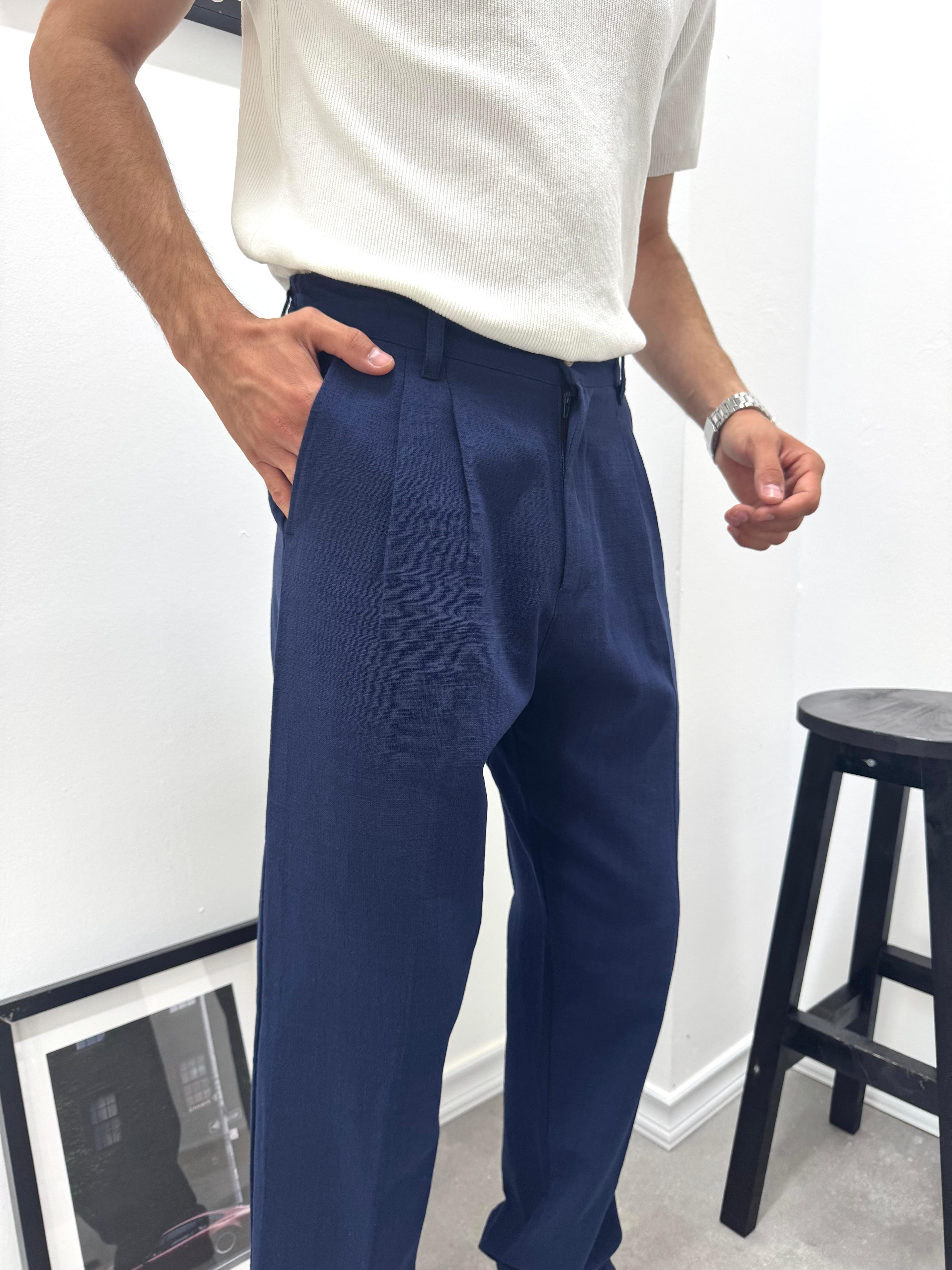 PİLELİ BAGGY KETEN PANTOLON - LACİVERT