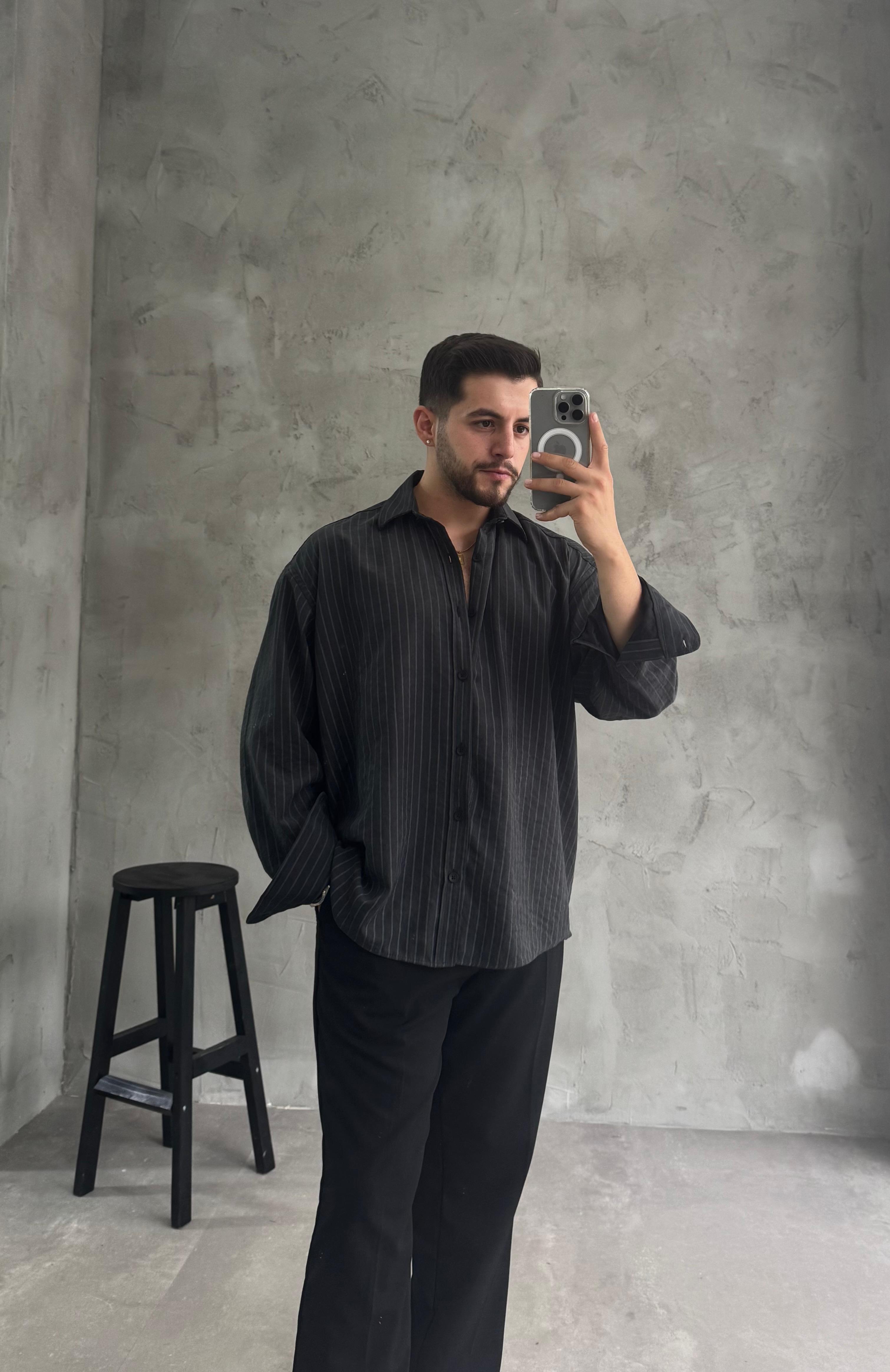 GG Siyah Kışlık Modal Kumaş Çizgili Gömlek