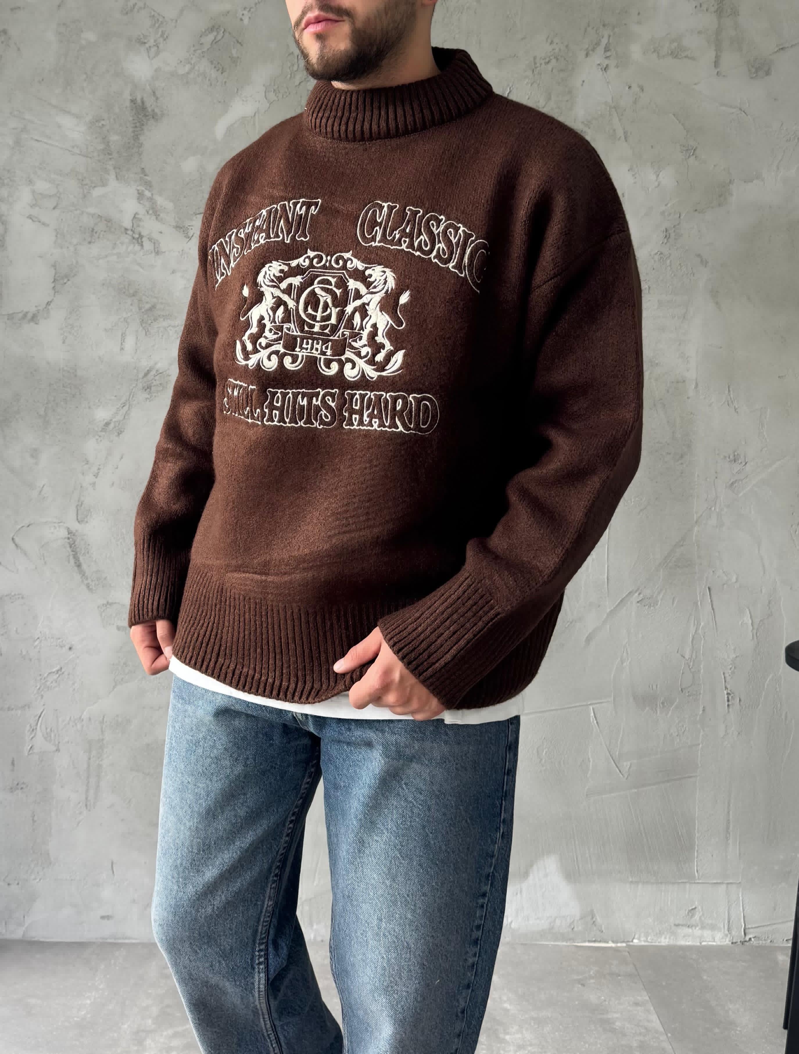 Kahve Instant Nakışlı Oversize Kazak