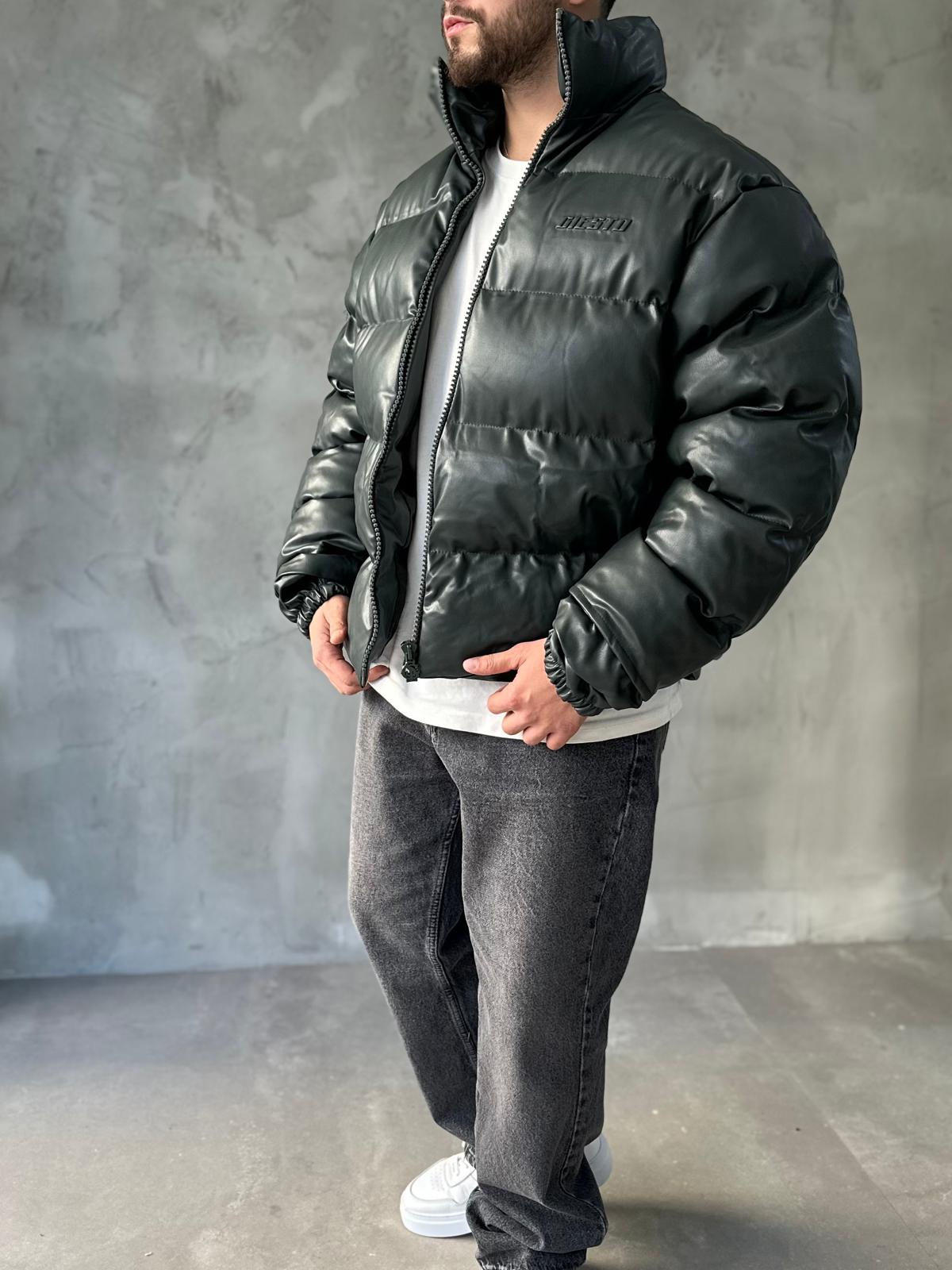 Haki Premium Deri Oversize Şişme Mont 