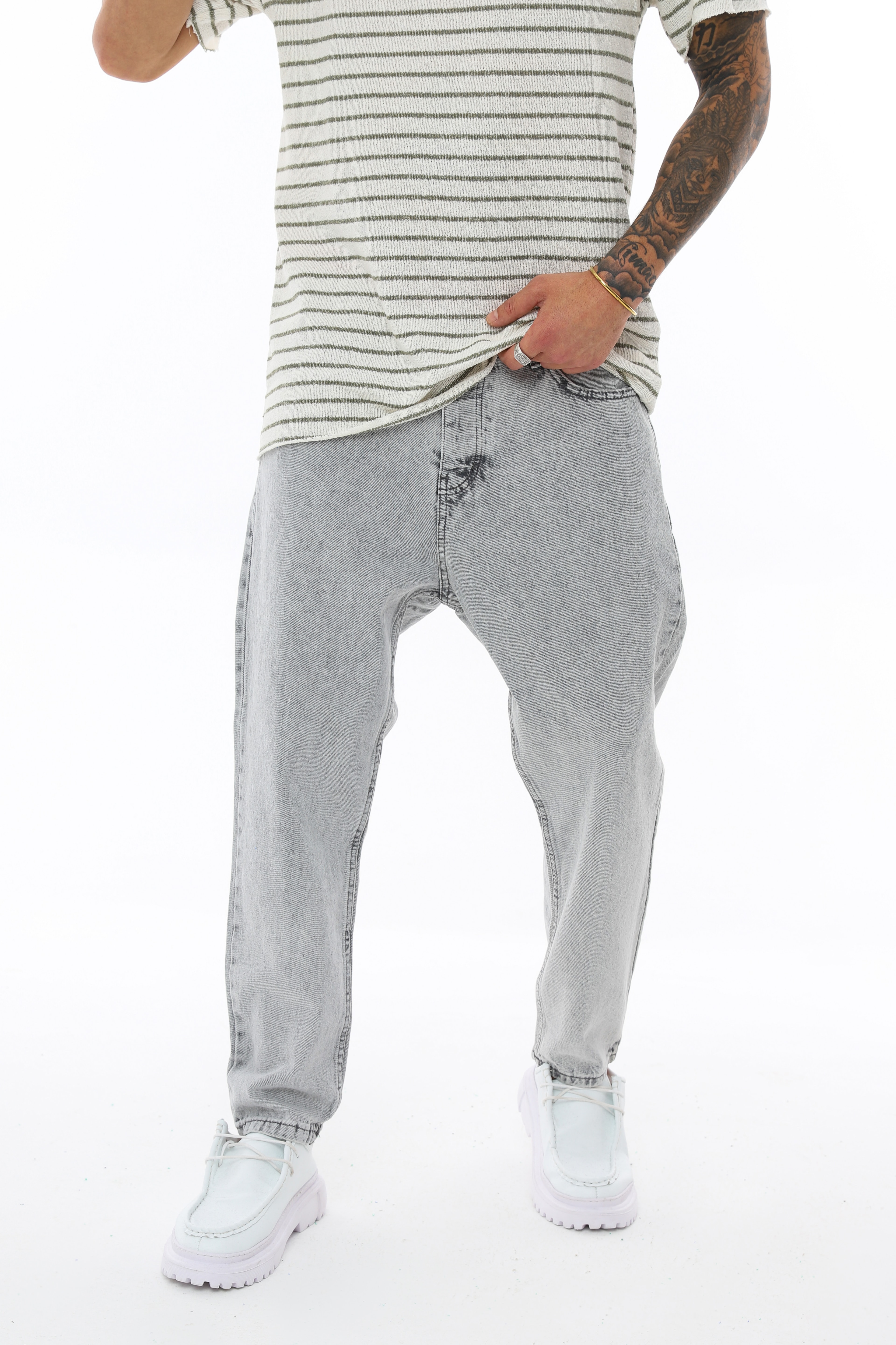 OVERSIZE AÇIK YAKA ÇİZGİLİ TRİKO T-SHIRT - BEYAZ - HAKİ