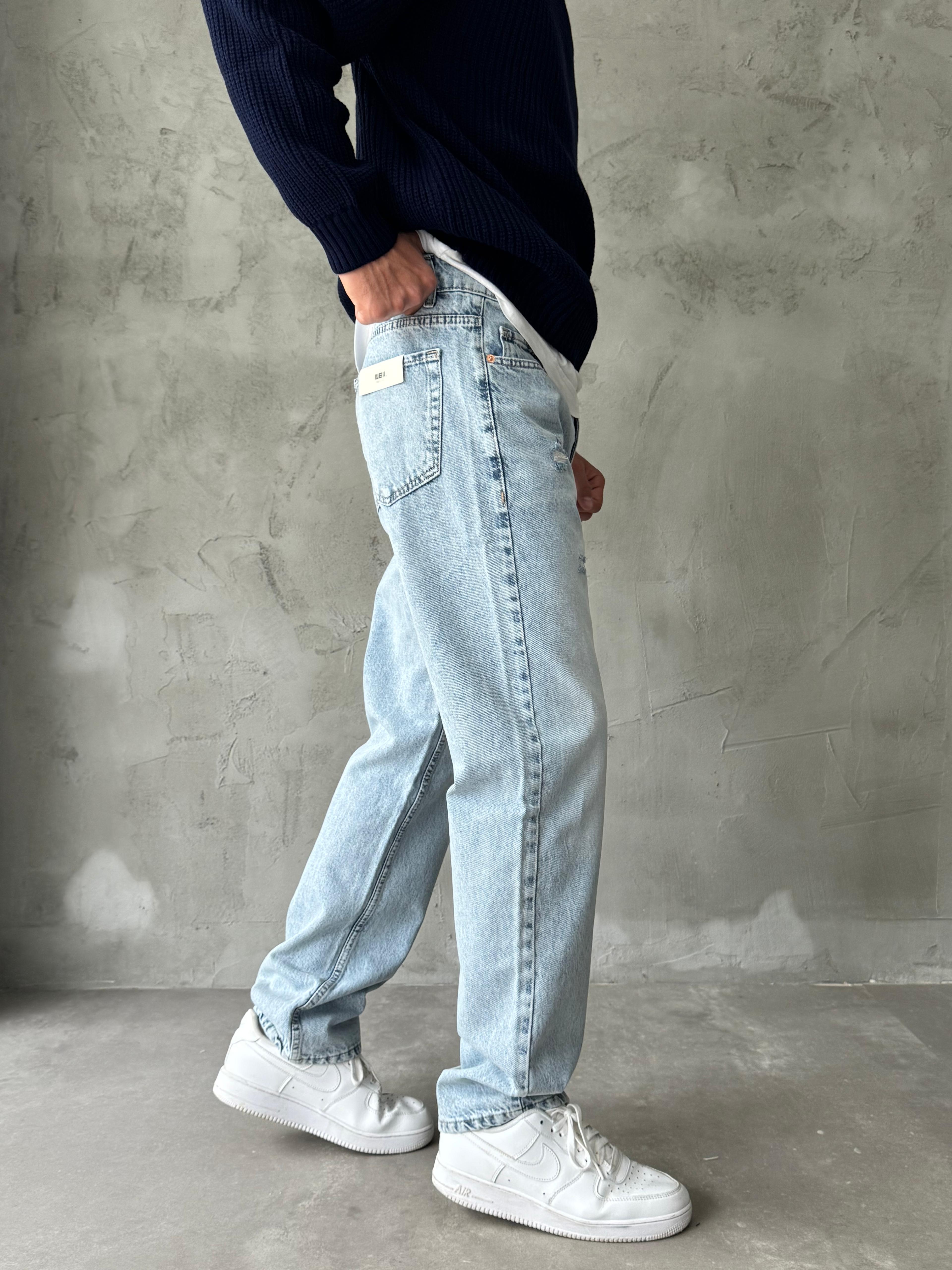 Buz Mavisi Yırtık Detaylı Taşlamalı Baggy Jean