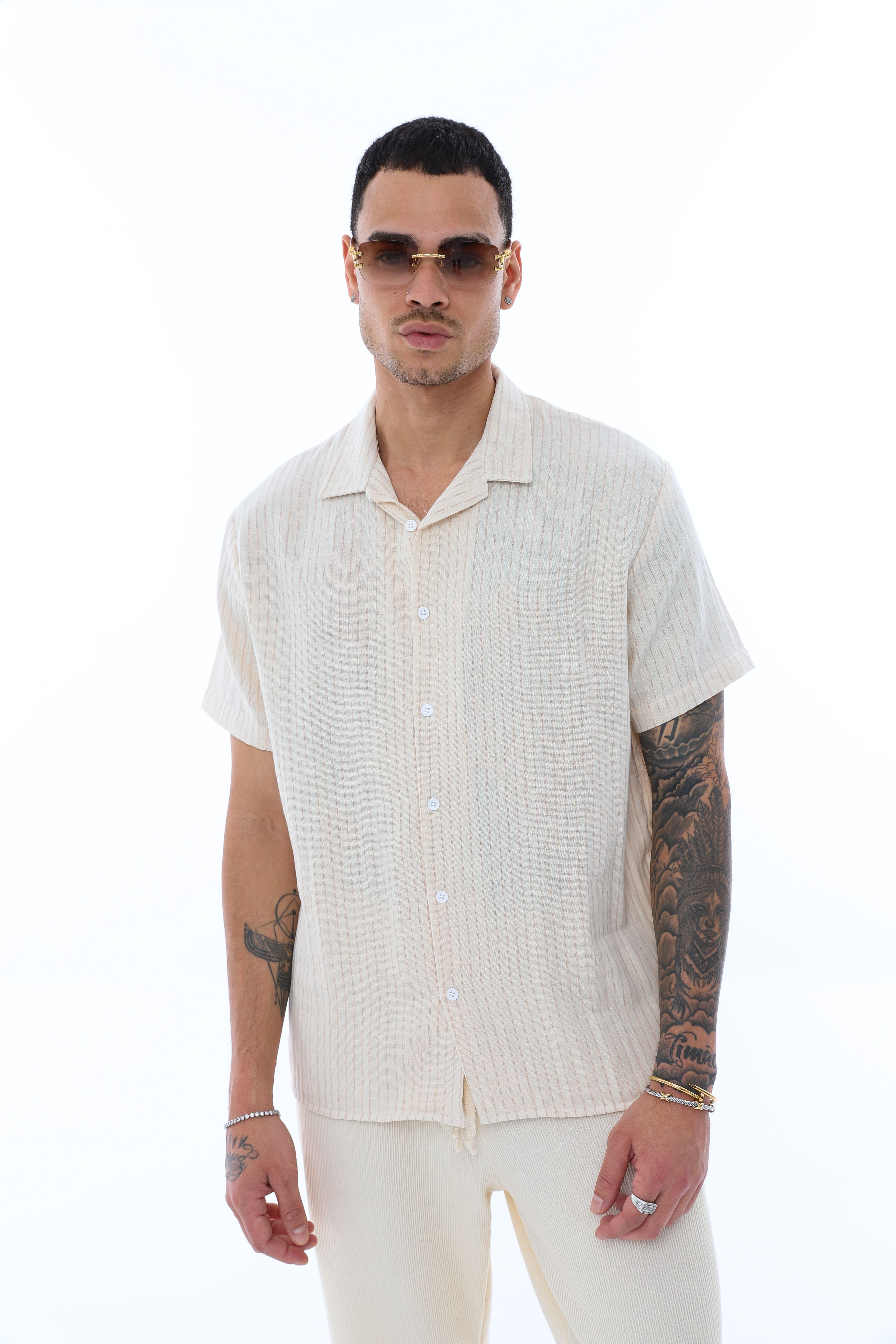 OVERSIZE İNCE ÇİZGİLİ GÖMLEK - KAHVE - BEYAZ