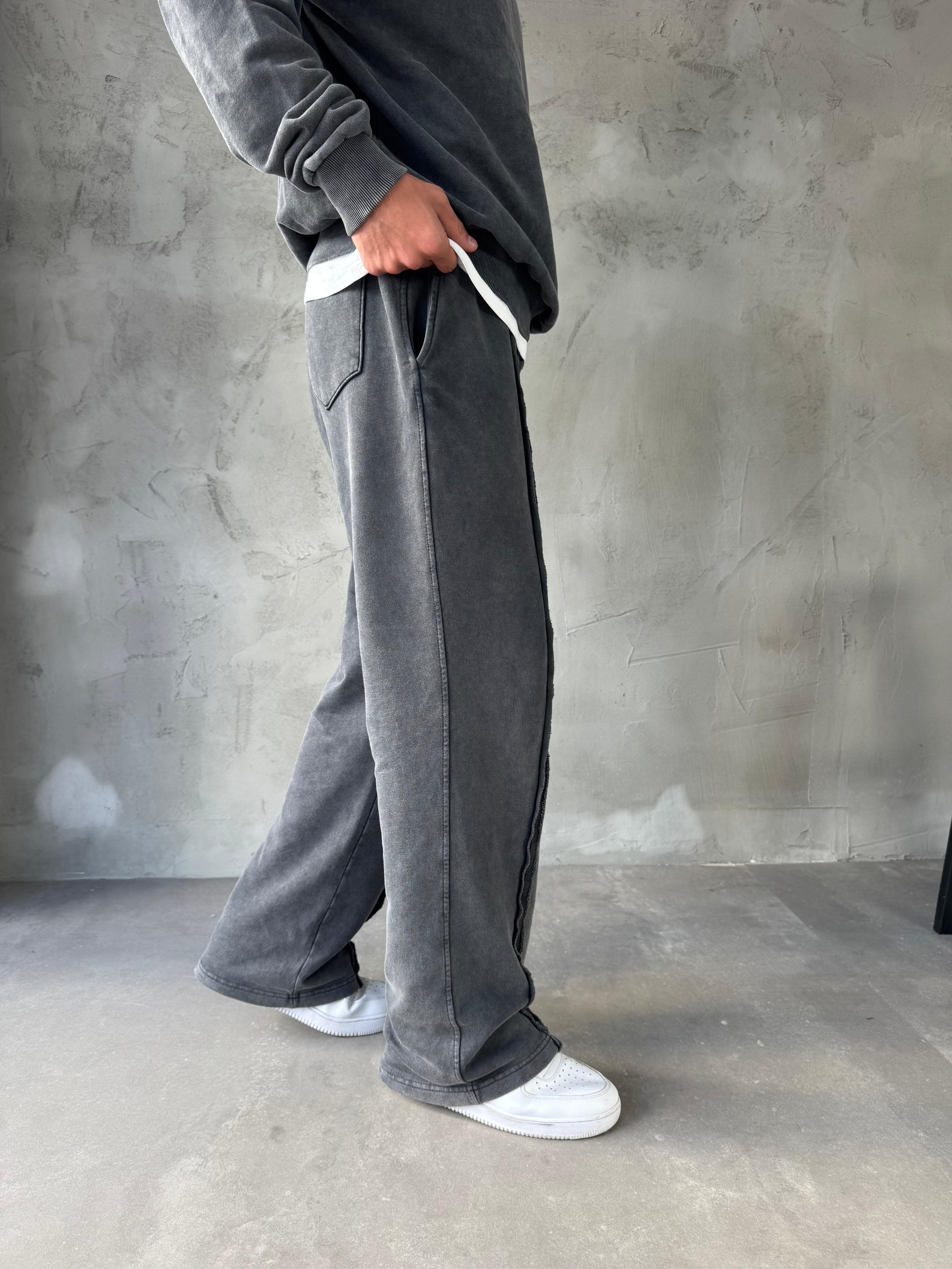 Antrasit Yıkamalı Dikiş Detaylı Baggy Eşofman