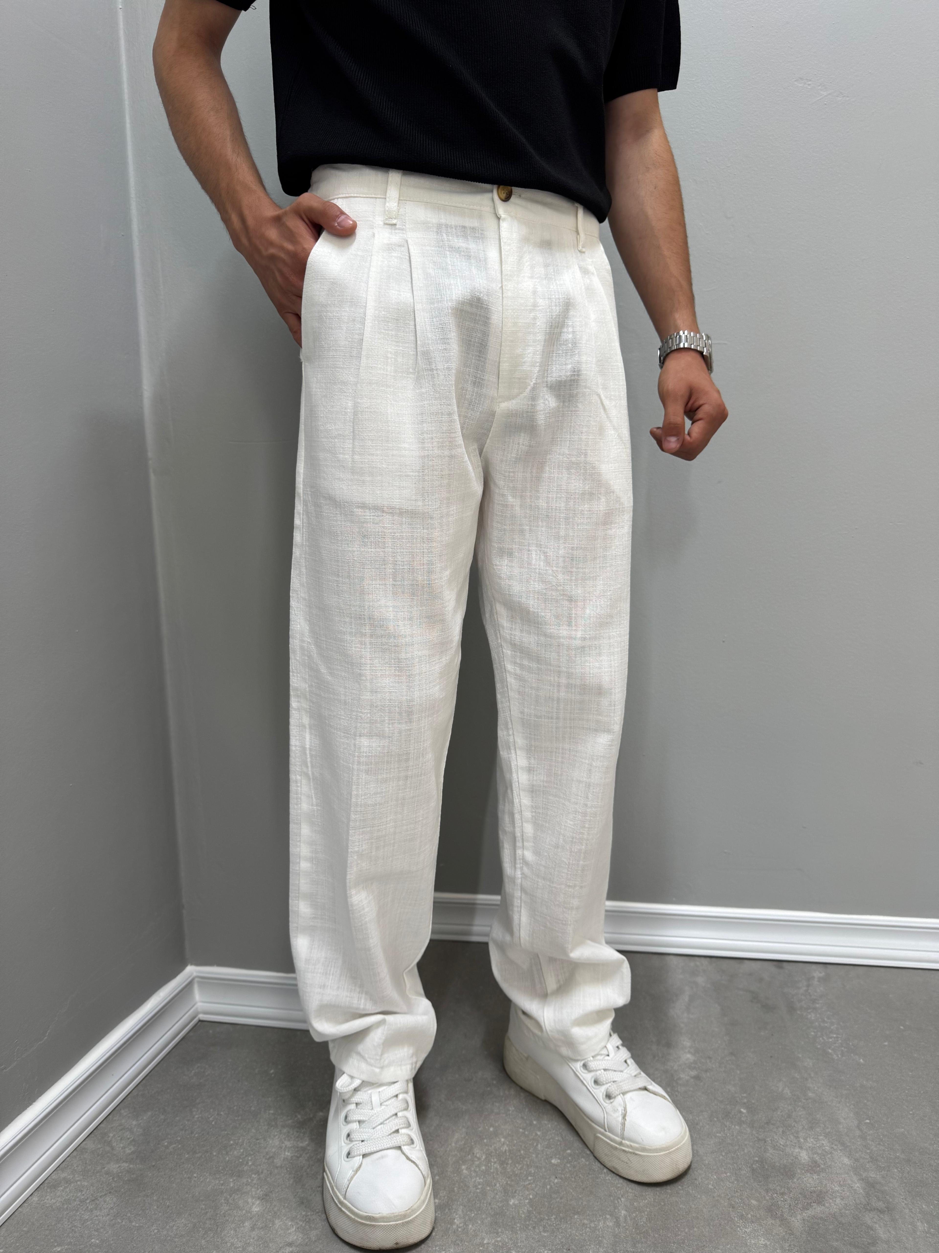 PİLELİ BAGGY KETEN PANTOLON - BEYAZ