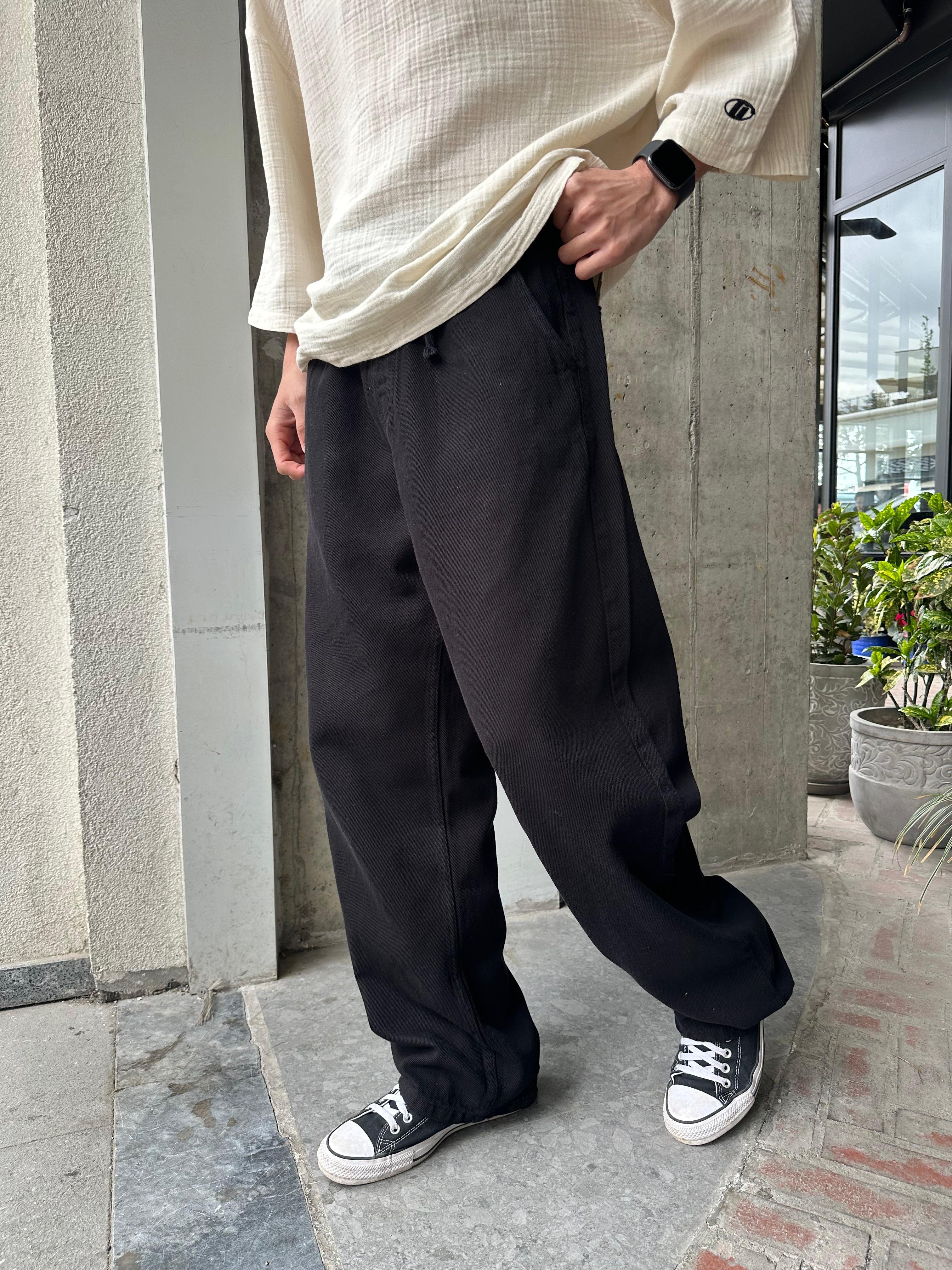 GABARDİN KUMAŞ BAGGY KALIP PANTOLON - SİYAH