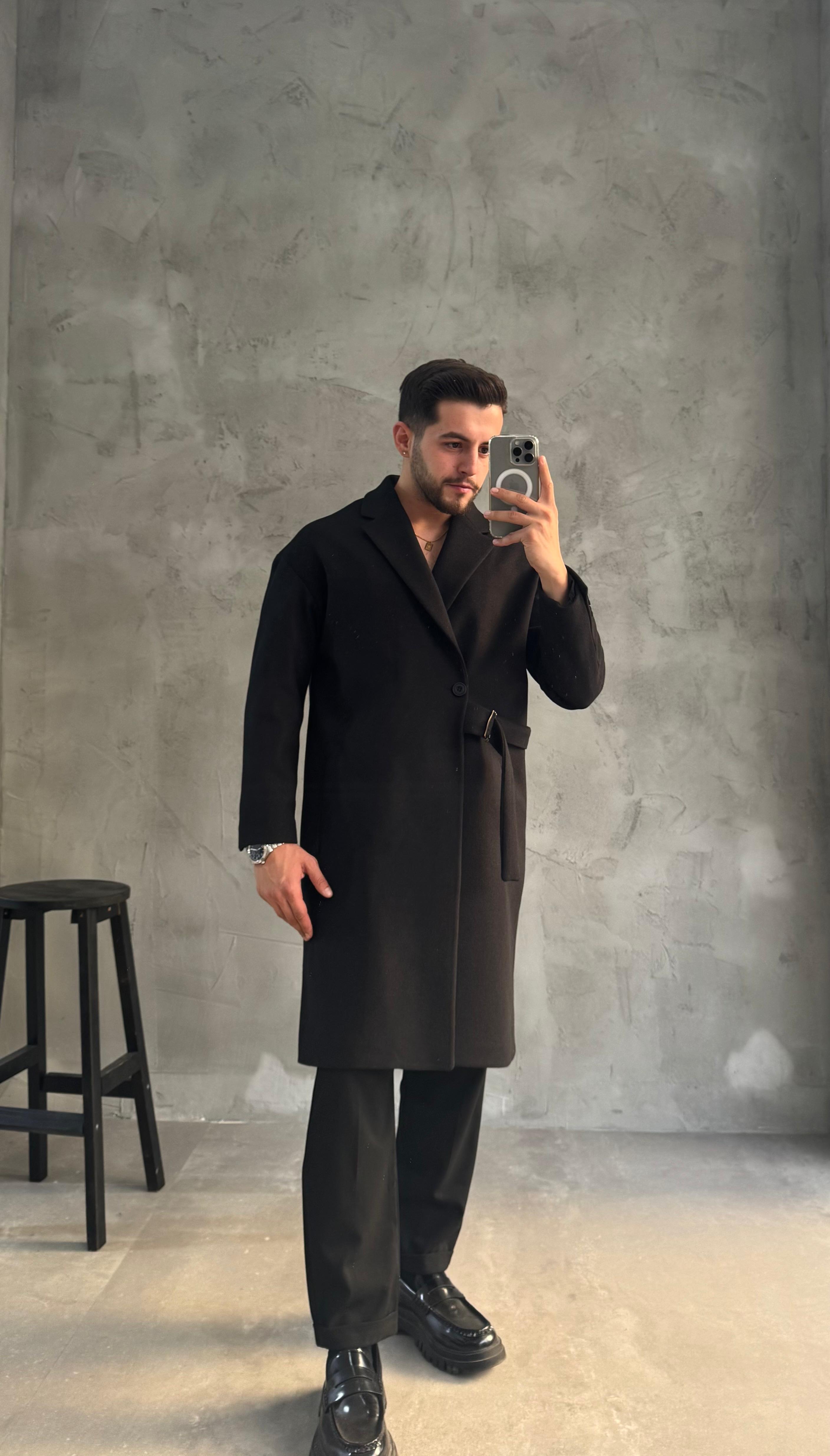 Siyah Premium Kemerli Kaban