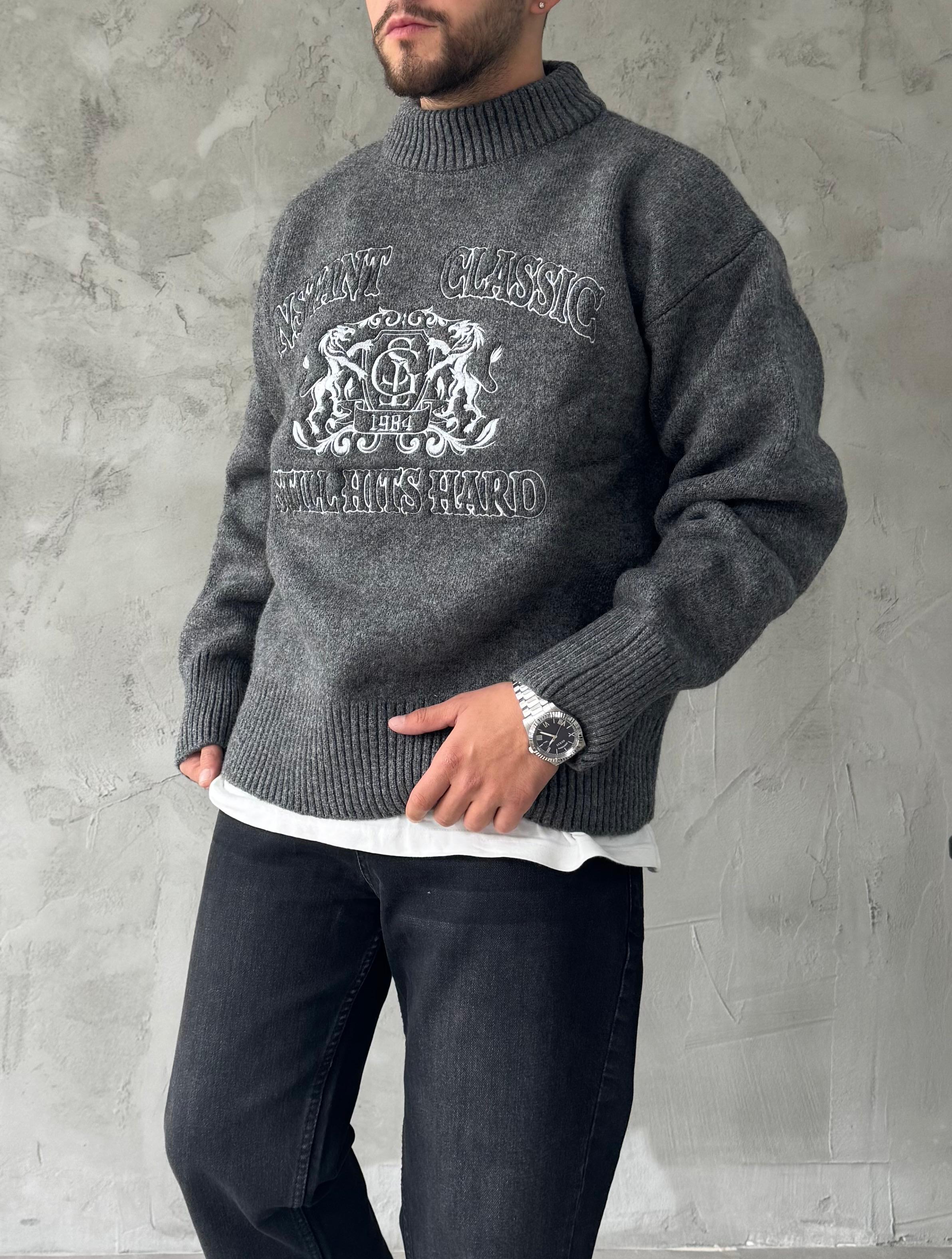 Antrasit Instant Nakışlı Oversize Kazak