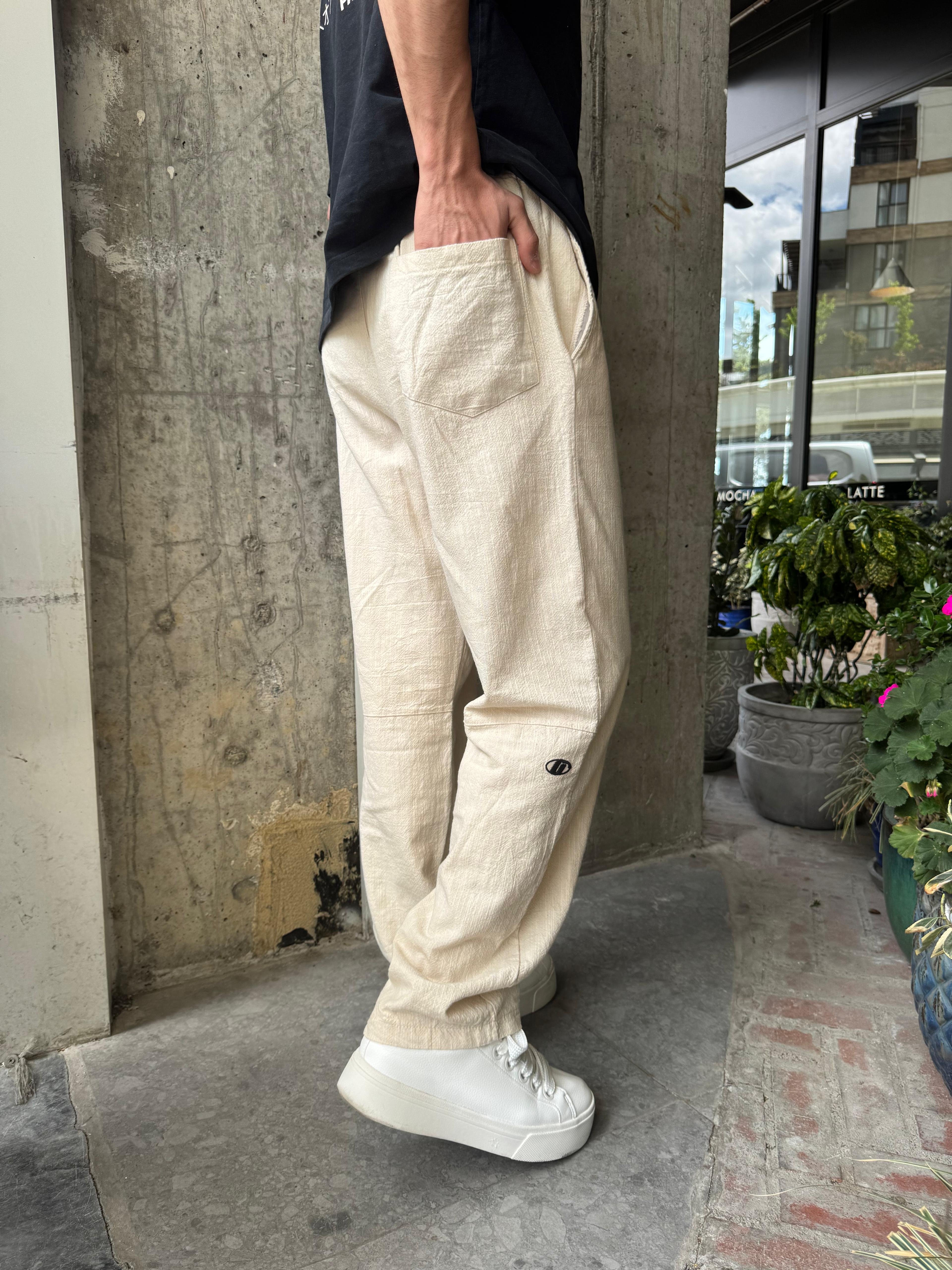 GG NAKIŞLI KETEN PANTOLON - KREM