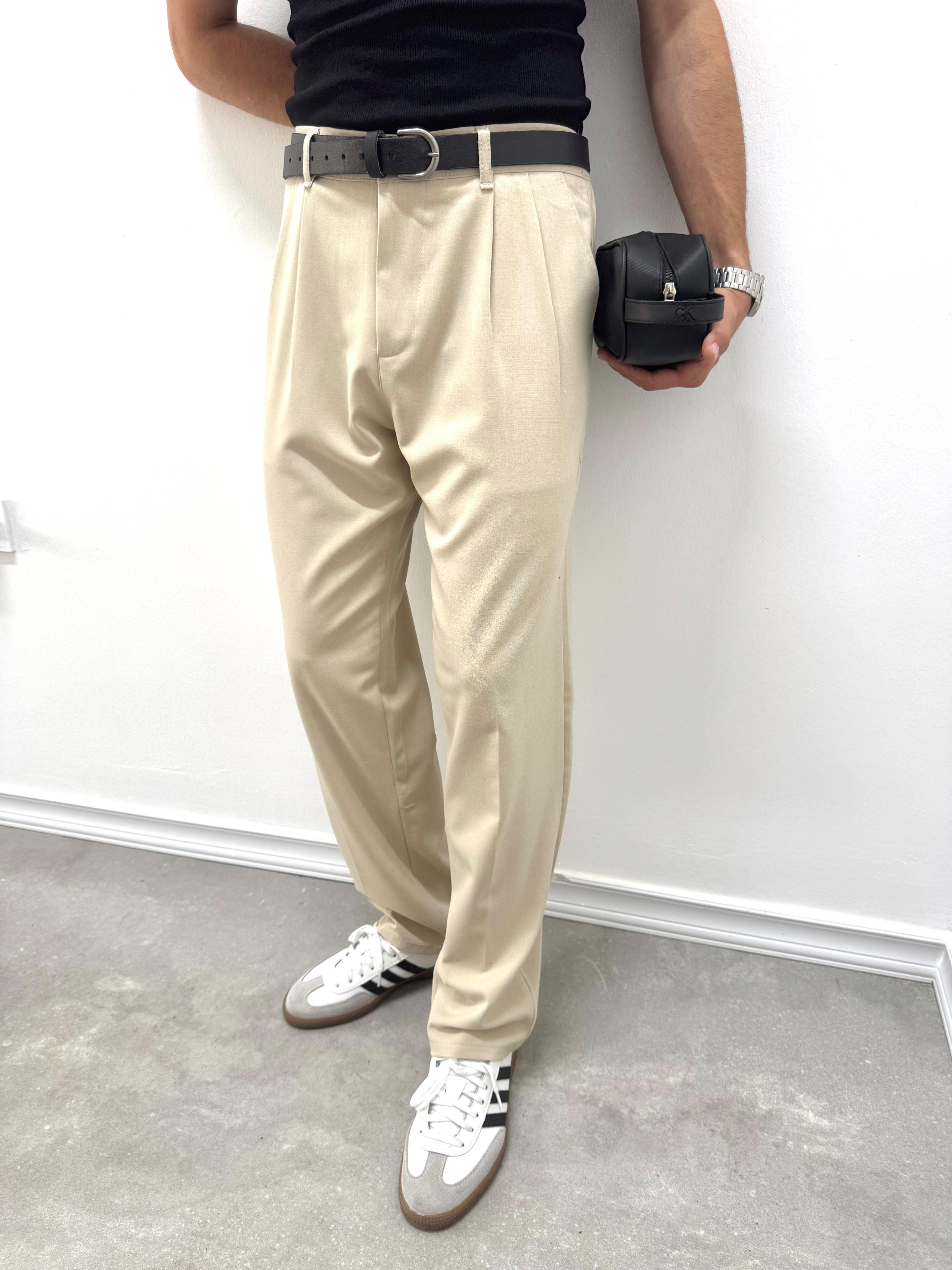 PİLELİ BAGGY KUMAŞ PANTOLON - BEJ