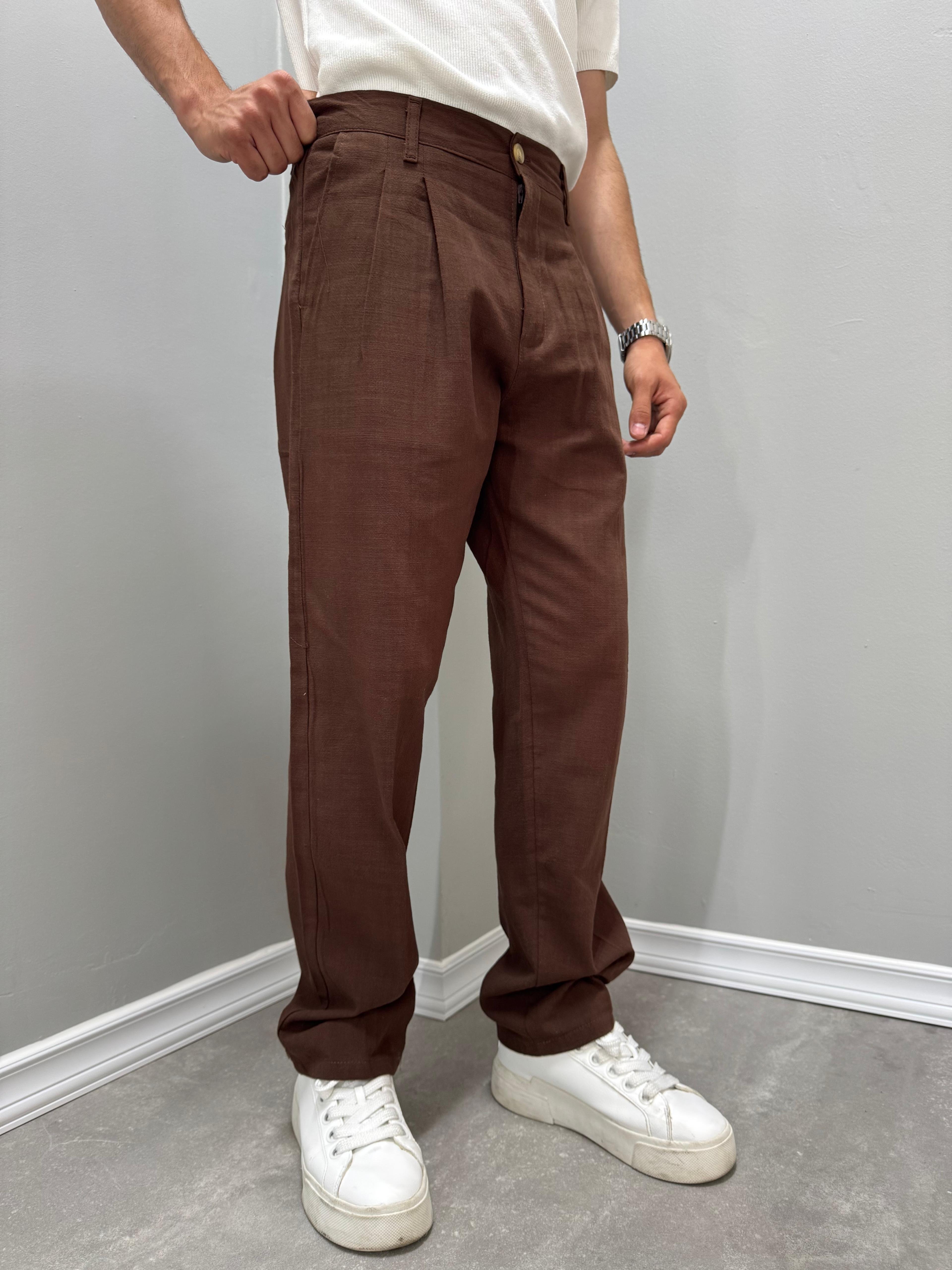 PİLELİ BAGGY KETEN PANTOLON - KAHVE