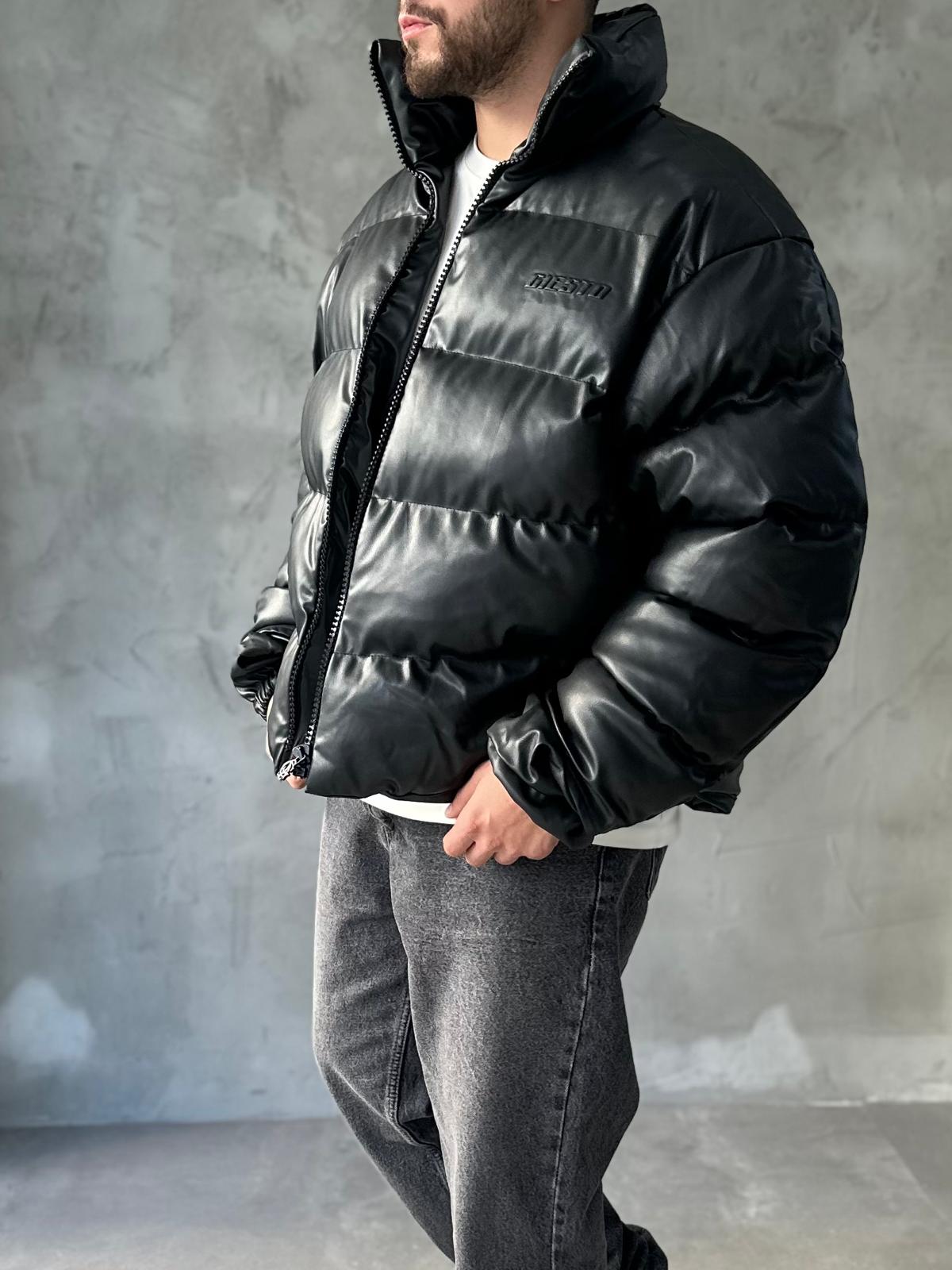 Siyah Premium Deri Oversize Şişme Mont 