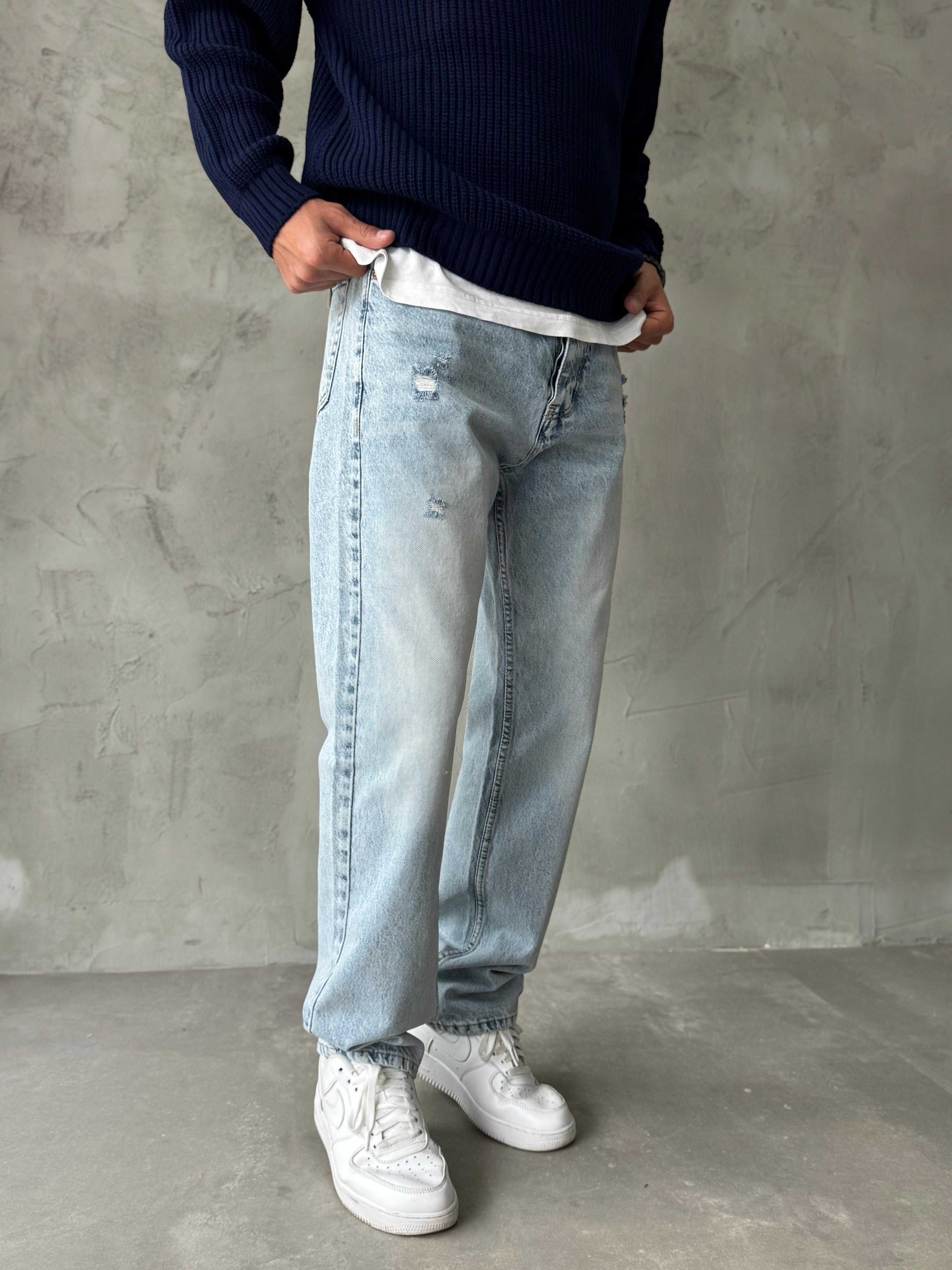 Buz Mavisi Yırtık Detaylı Taşlamalı Baggy Jean