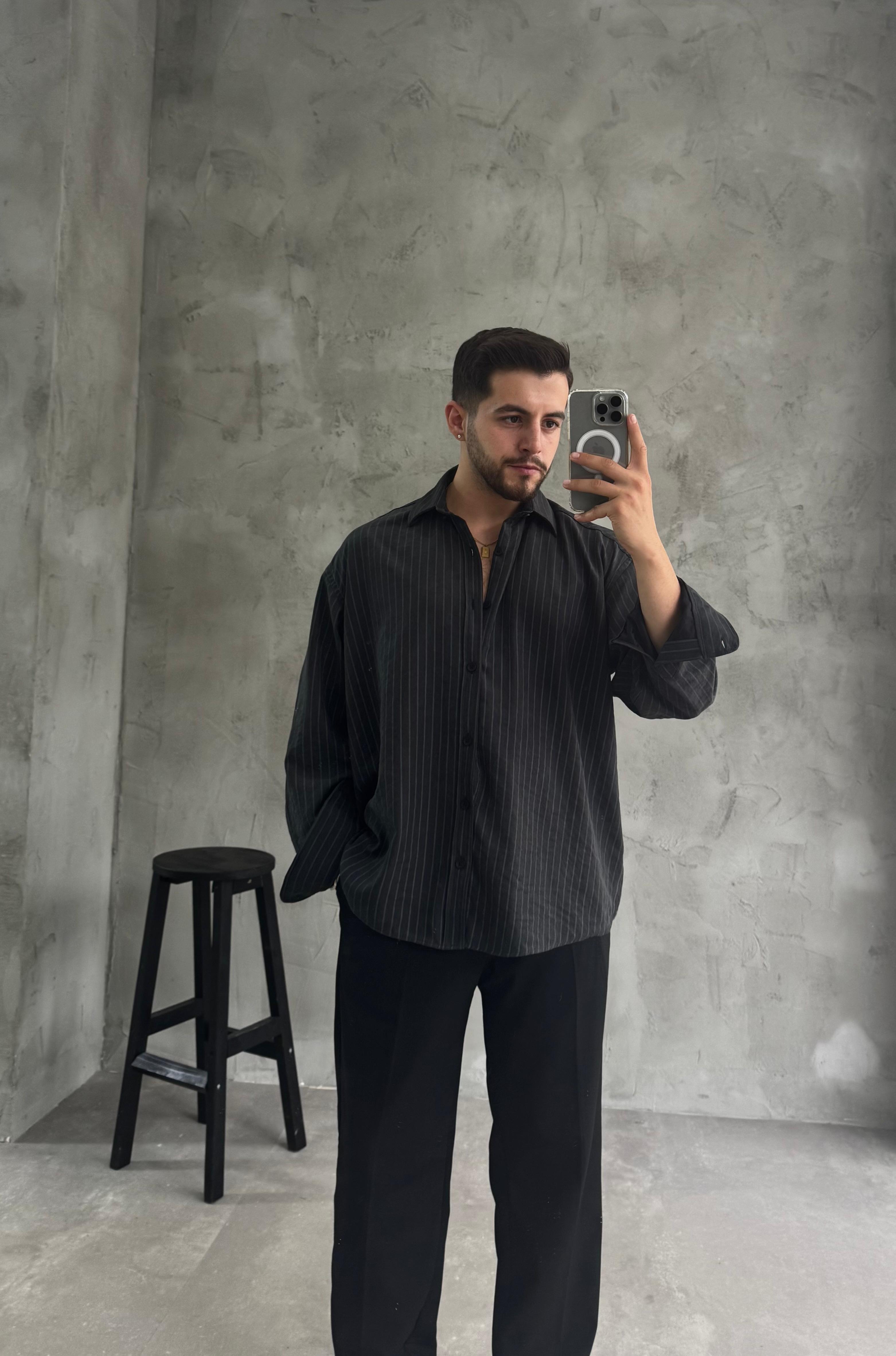 GG Siyah Kışlık Modal Kumaş Çizgili Gömlek