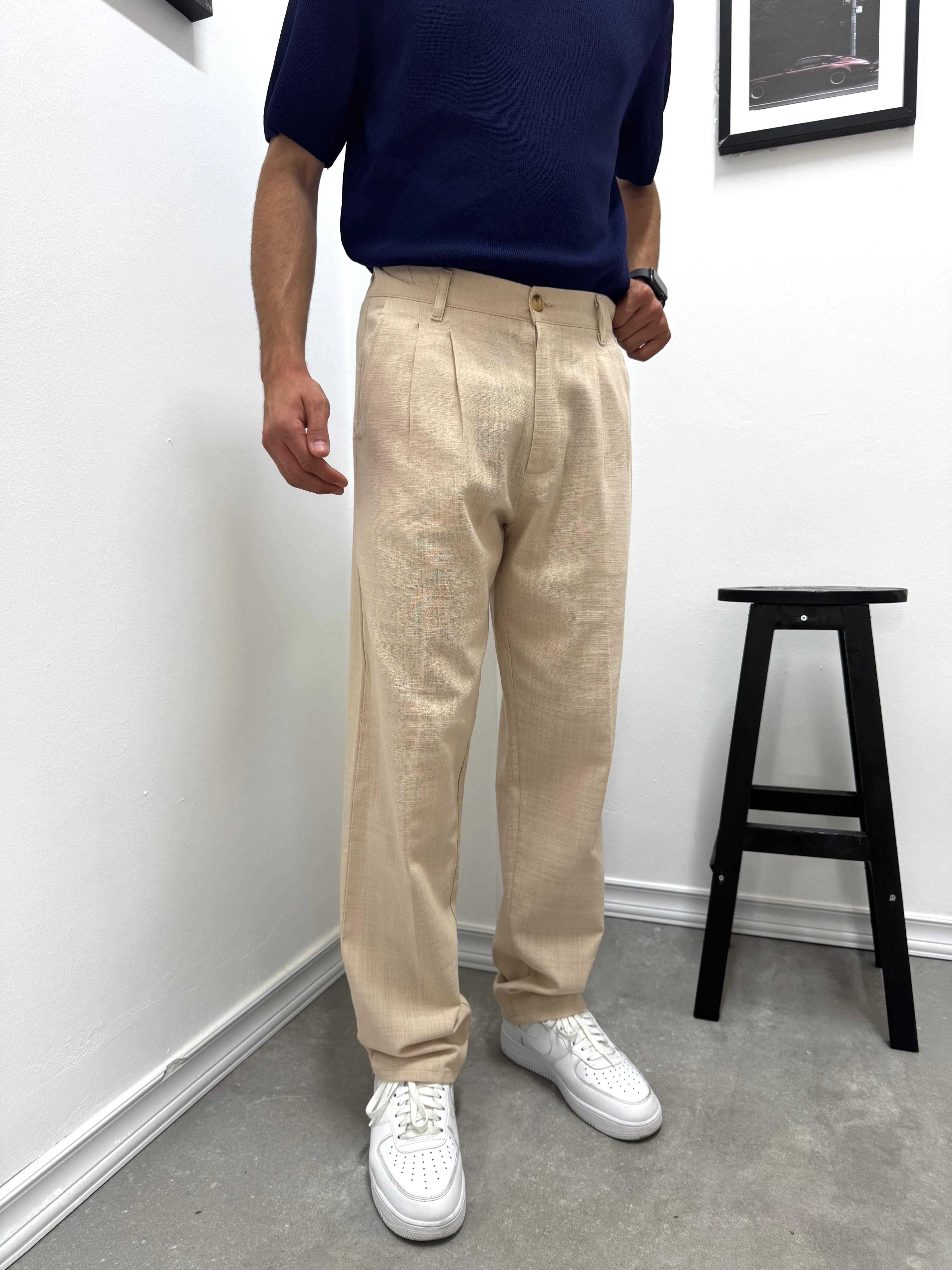 PİLELİ BAGGY KETEN PANTOLON - BEJ