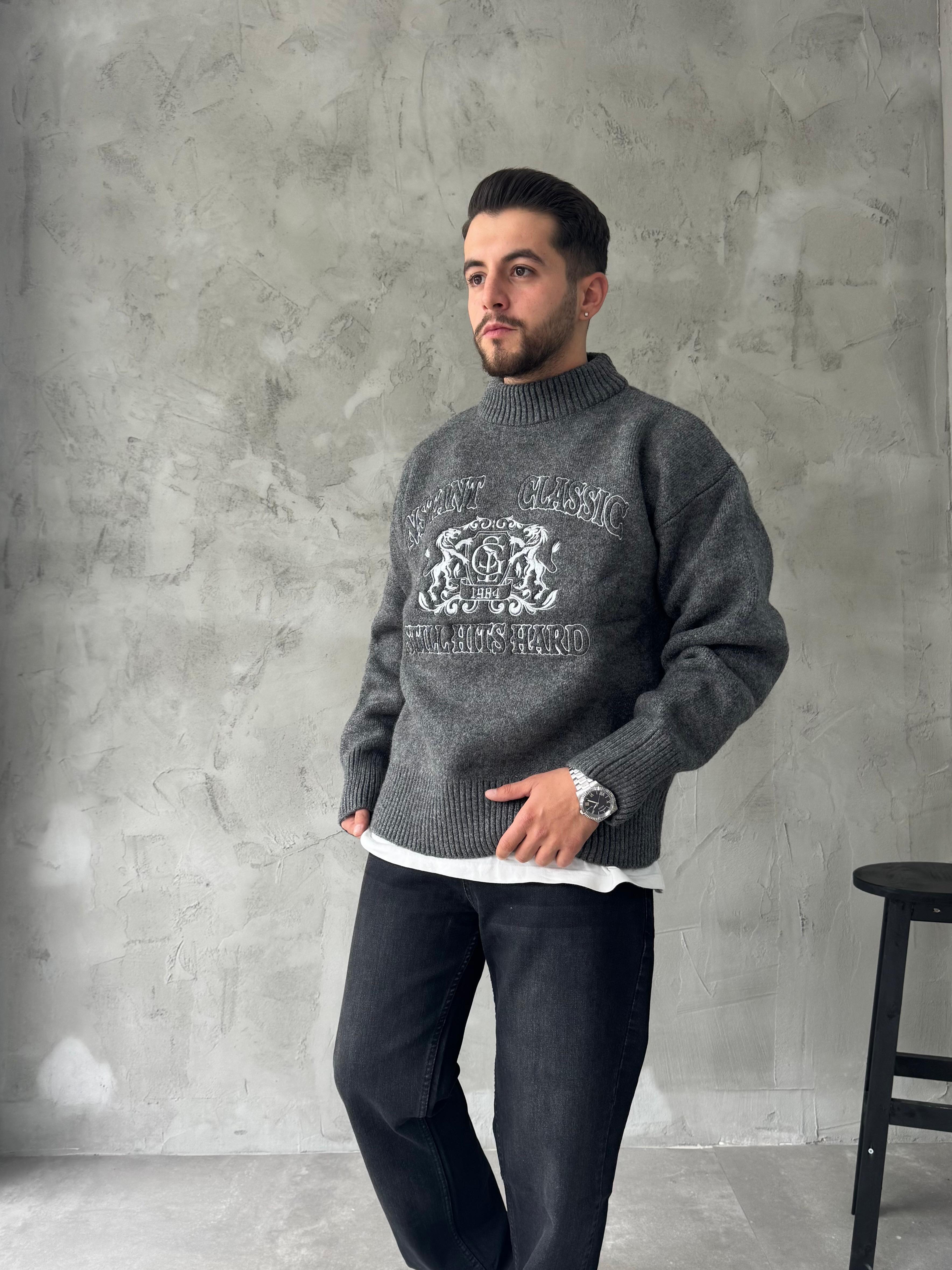 Antrasit Instant Nakışlı Oversize Kazak