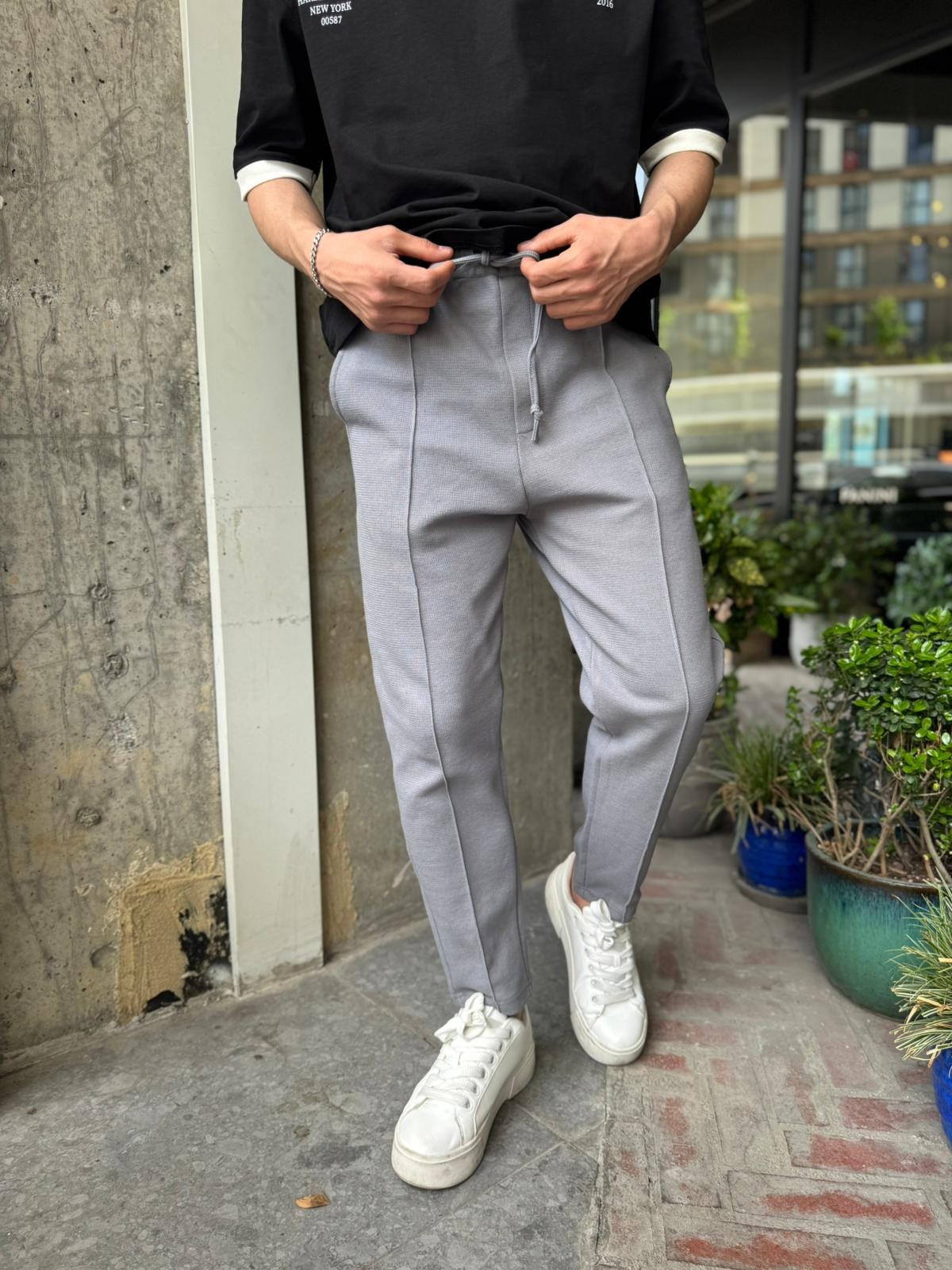 ÇIMALI ÖRME BOYFRIEND JOGGER - FÜME