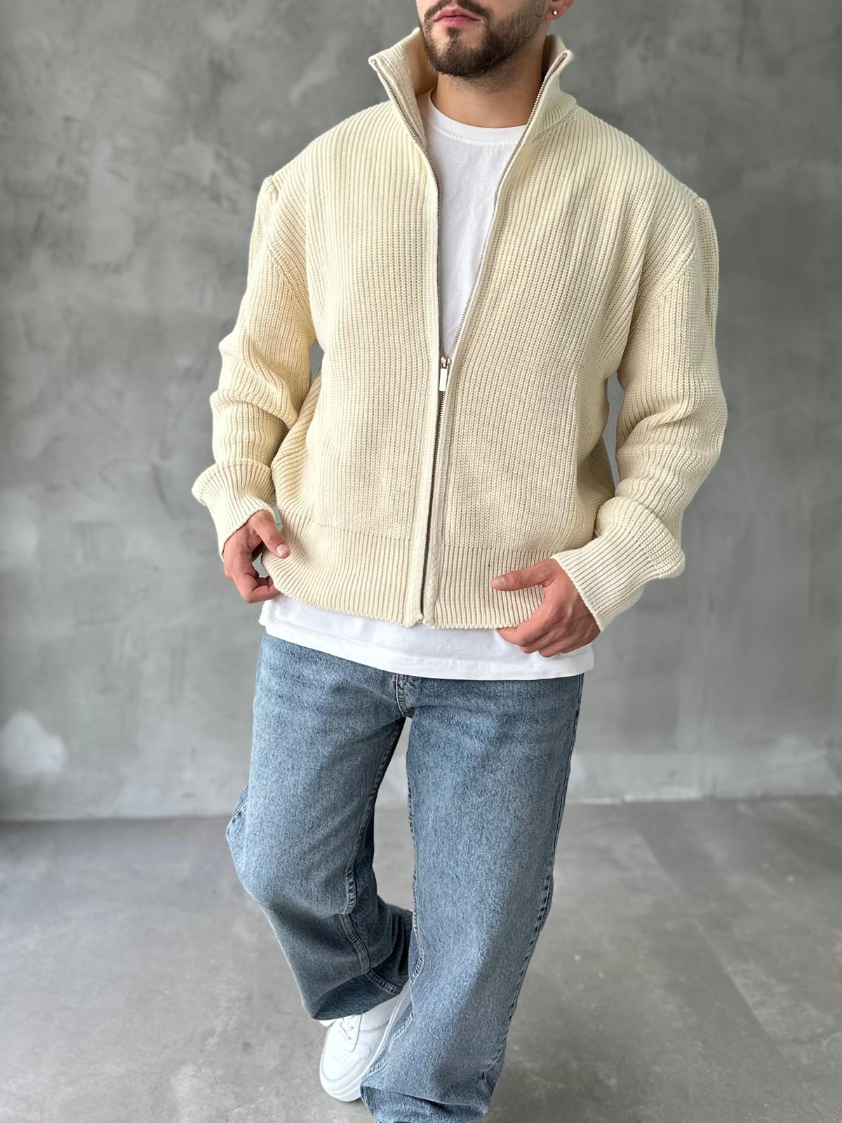 Ekru Tam Fermuarlı Oversize Örme Hırka