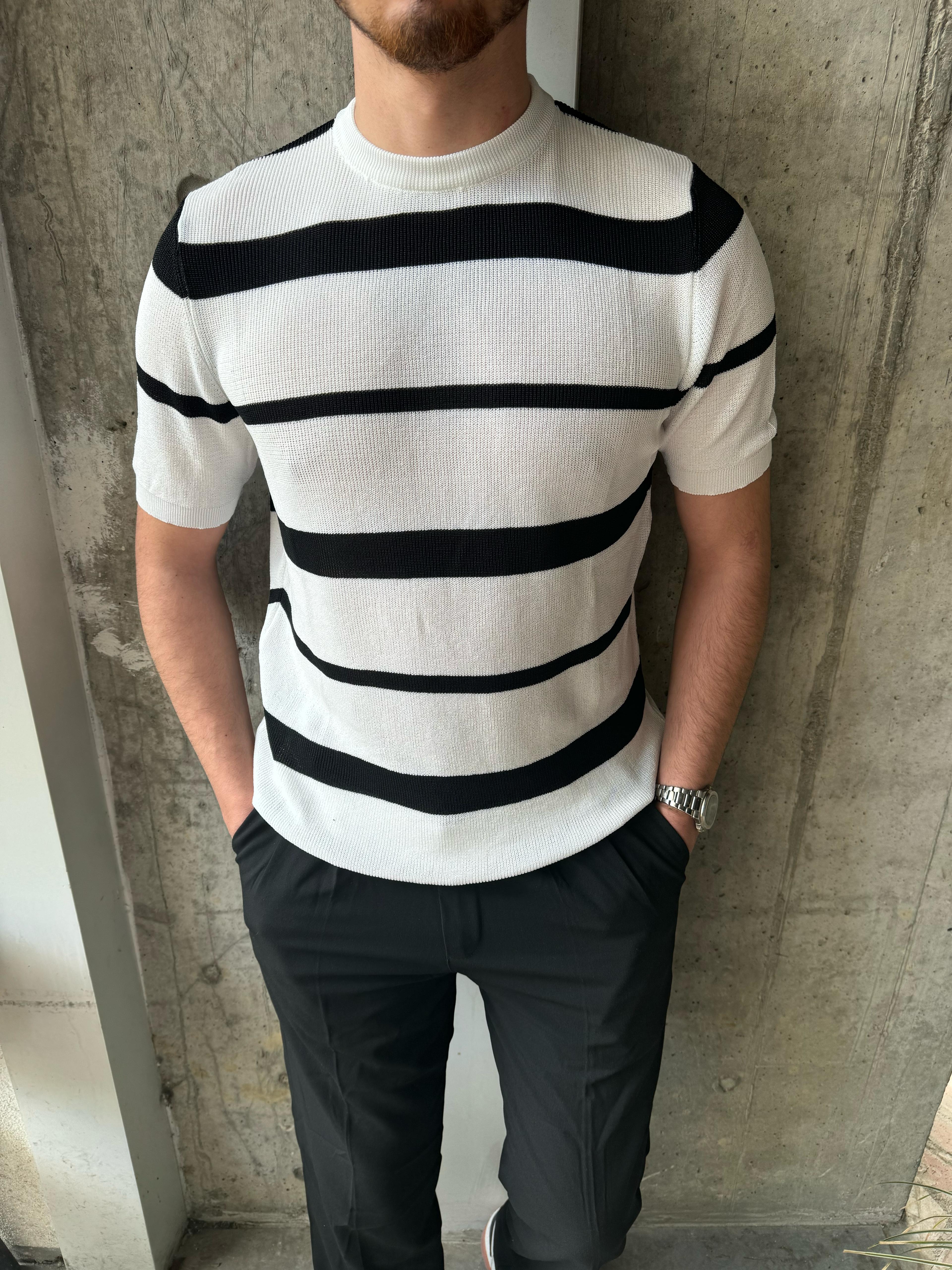 ÇİZGİLİ BİSİKLET YAKA TRİKO T-SHİRT - BEYAZ