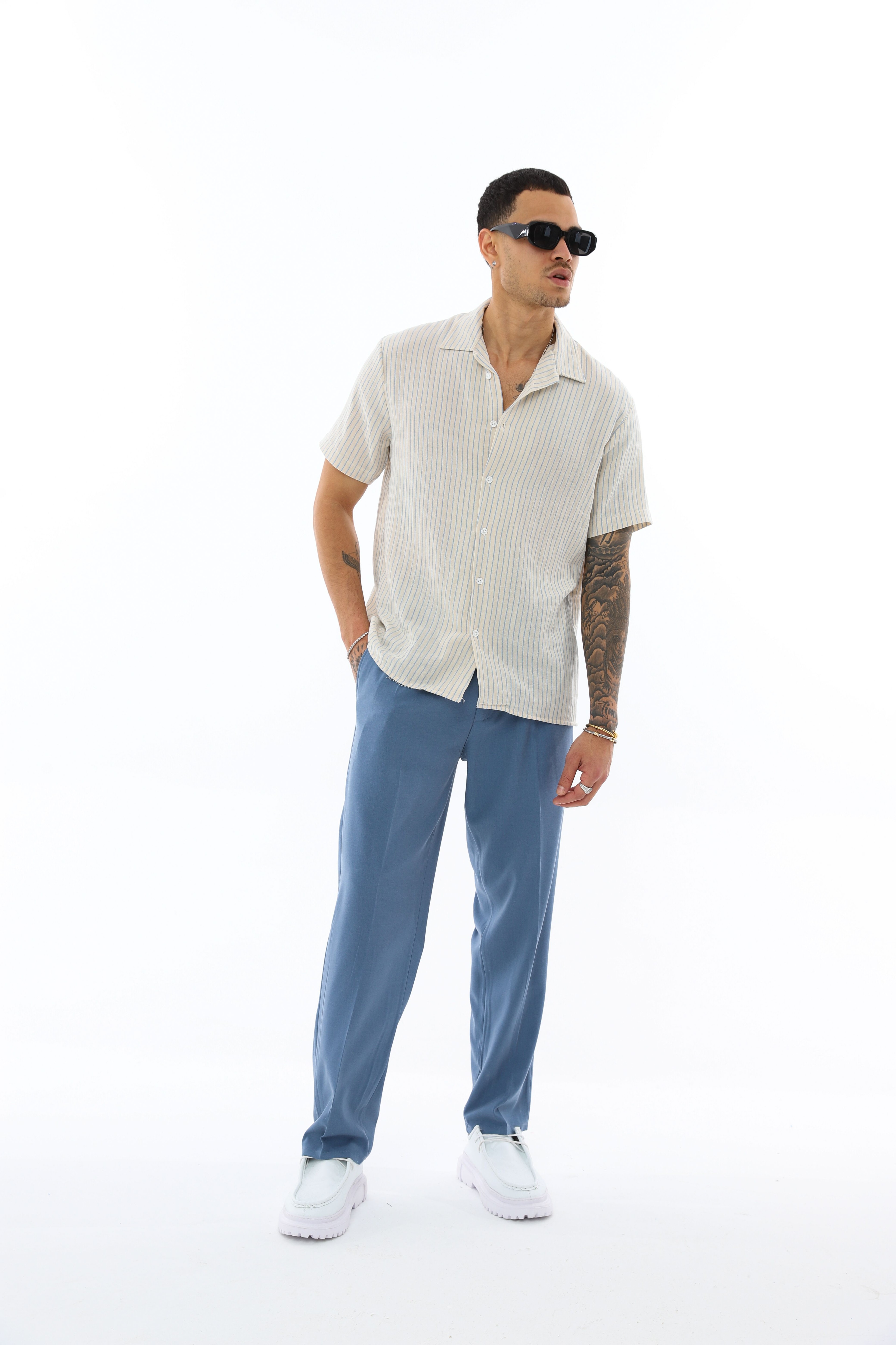 OVERSIZE İNCE ÇİZGİLİ GÖMLEK - MAVİ - BEYAZ