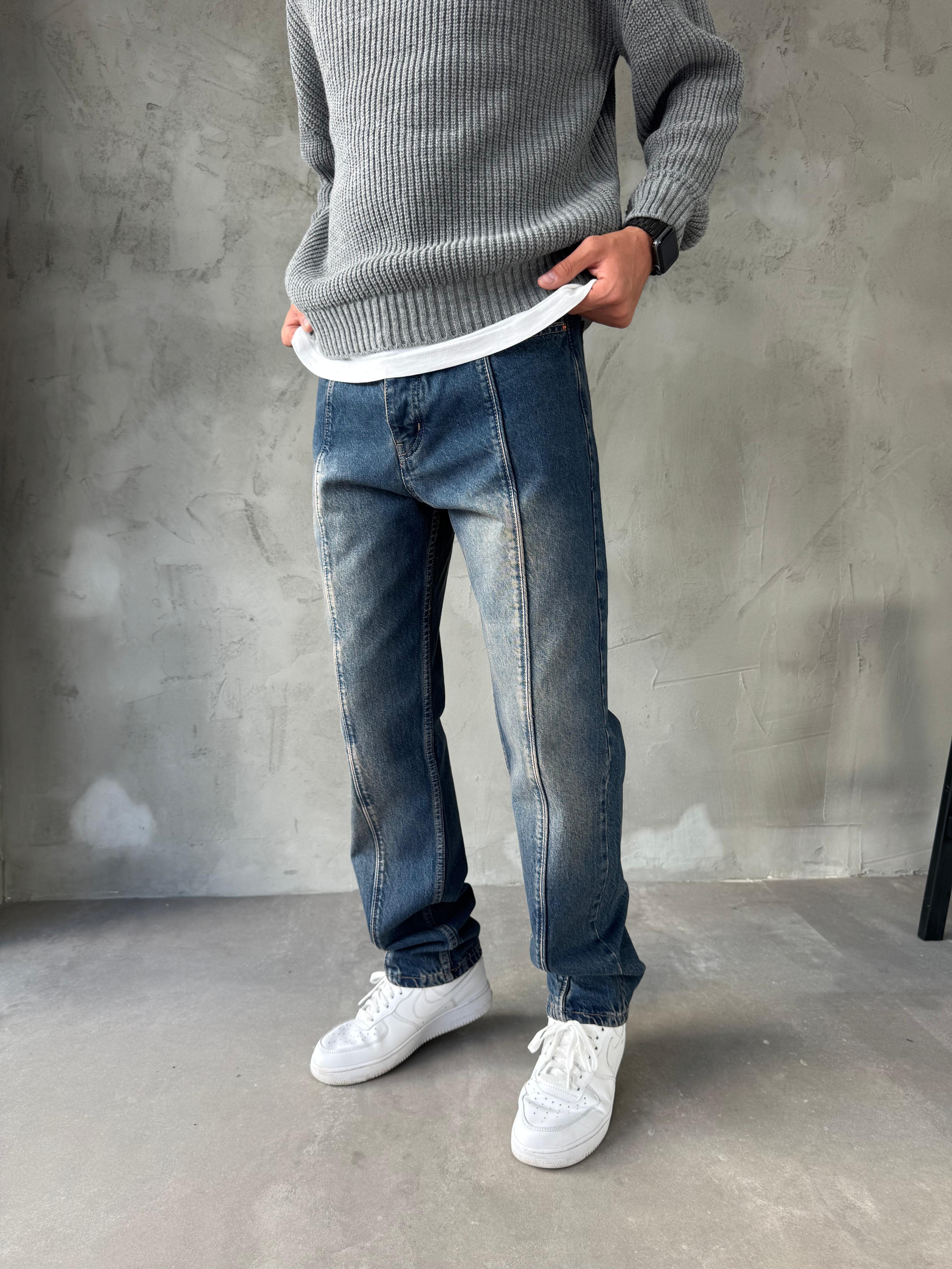 Mavi Yıkamalı Çizgi Detay Baggy Jean