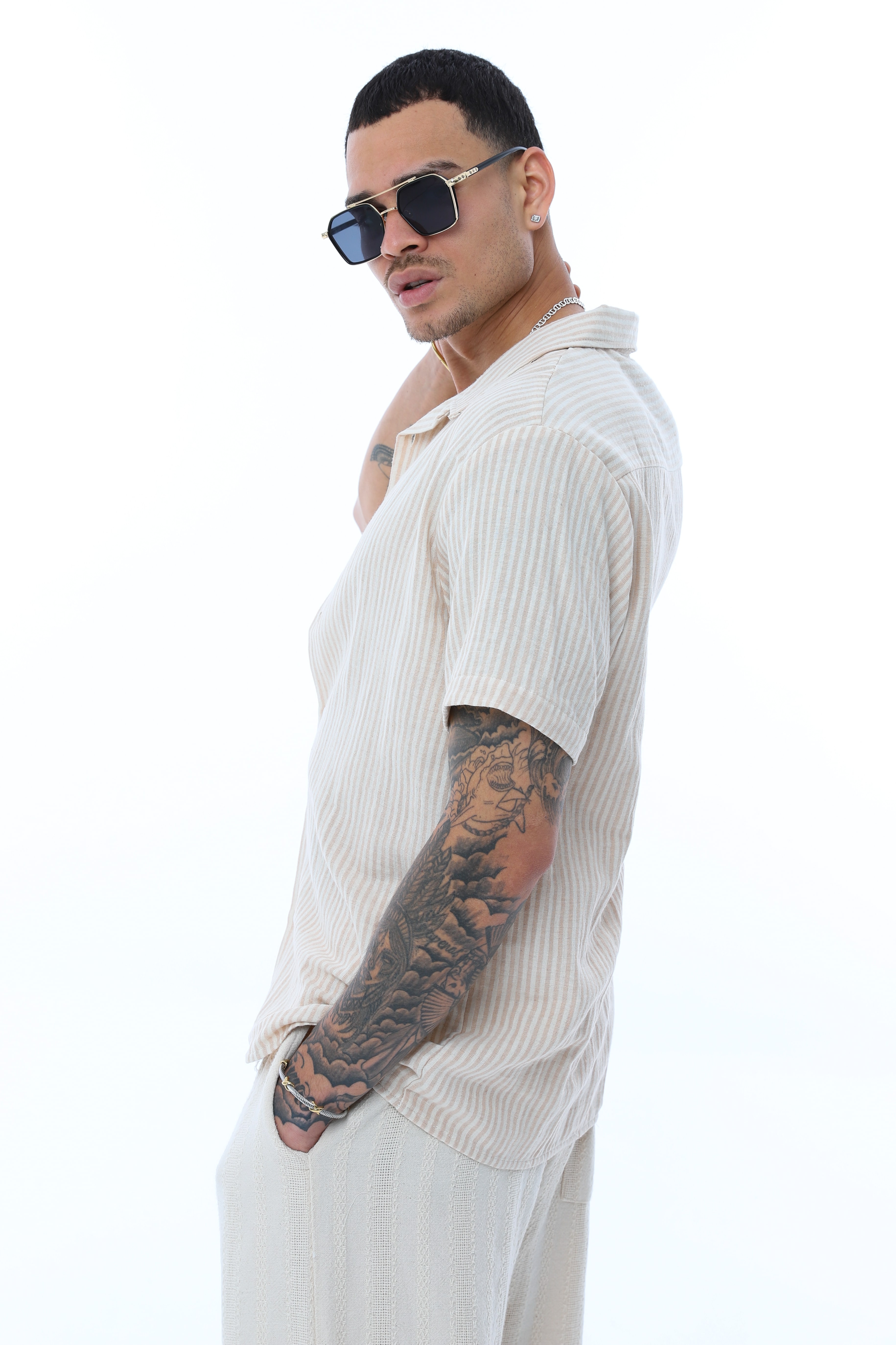 OVERSIZE KALIN ÇİZGİLİ KISA KOLLU GÖMLEK - KAHVE - BEYAZ