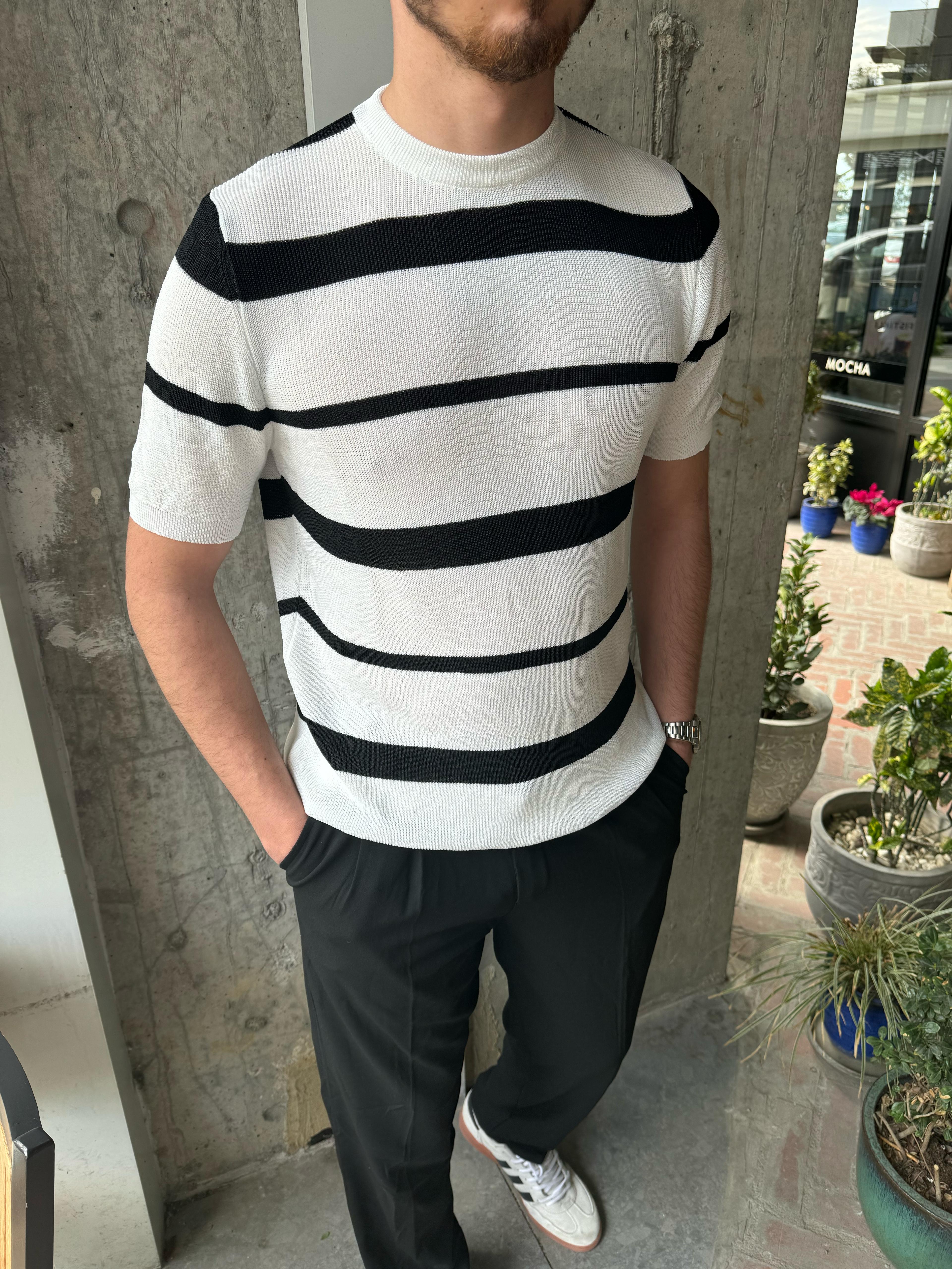 ÇİZGİLİ BİSİKLET YAKA TRİKO T-SHİRT - BEYAZ