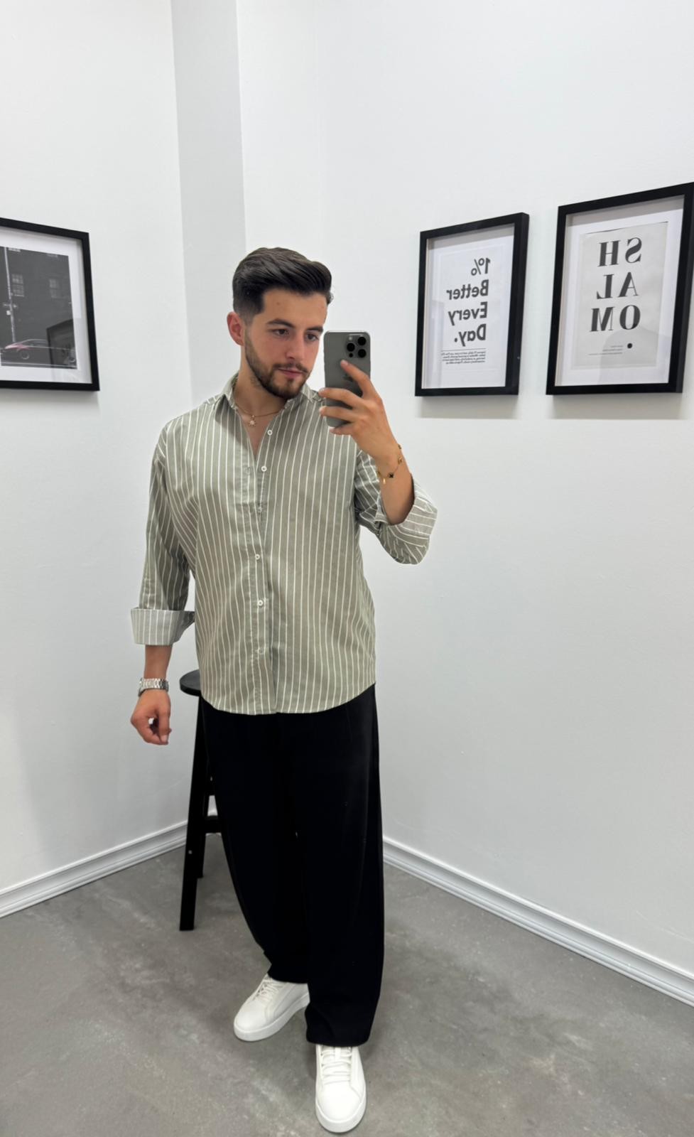 OVERSIZE ÇİZGİLİ GÖMLEK - HAKİ