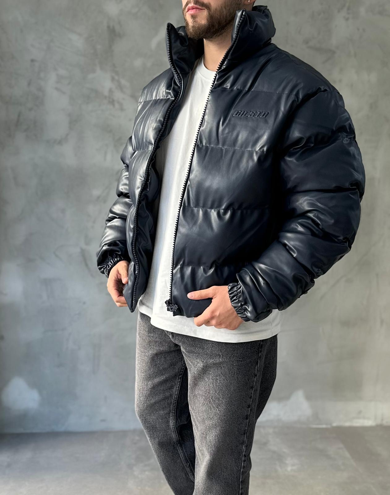 Lacivert Premium Deri Oversize Şişme Mont